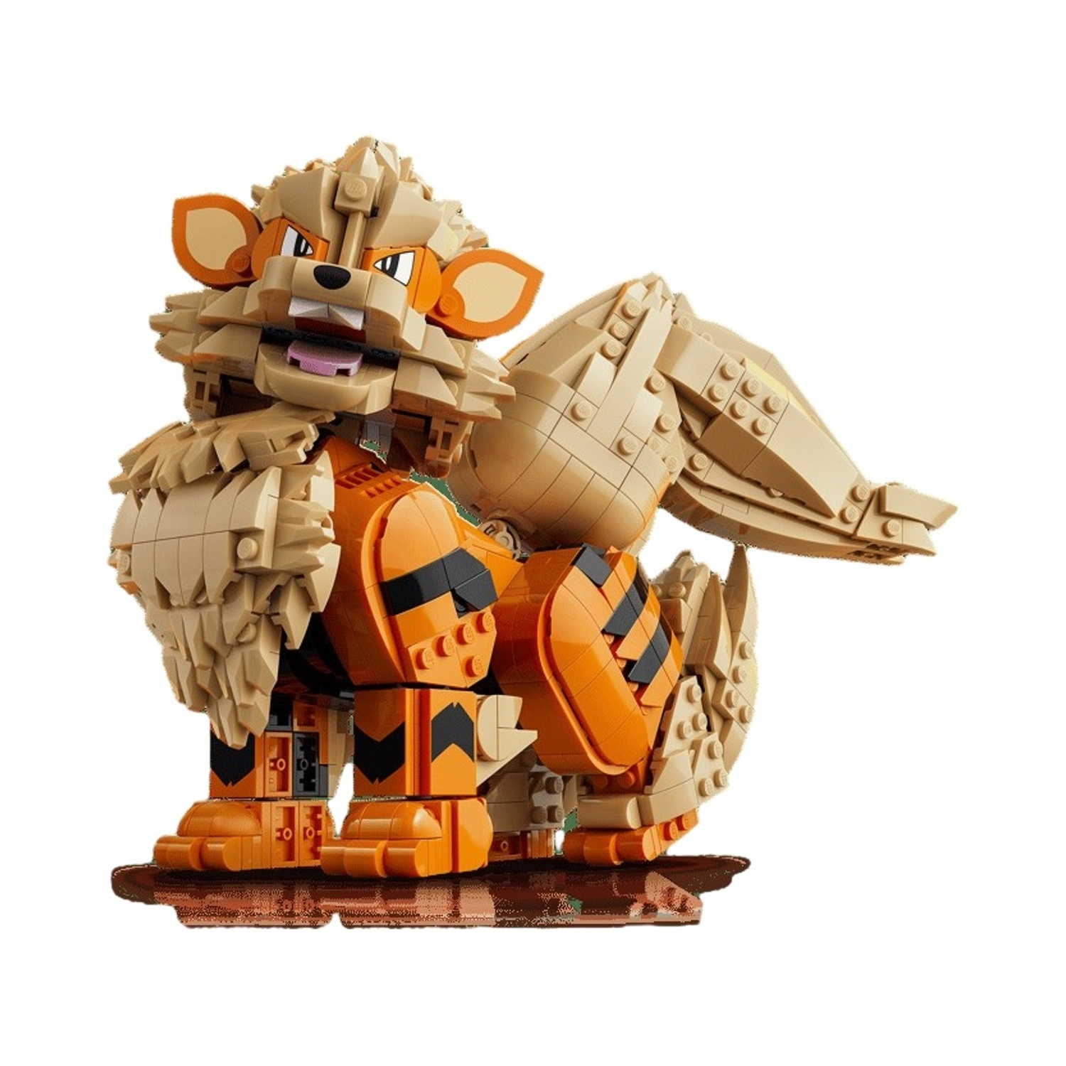 Un modello Lego di un Pokémon marrone e arancione con strisce nere.