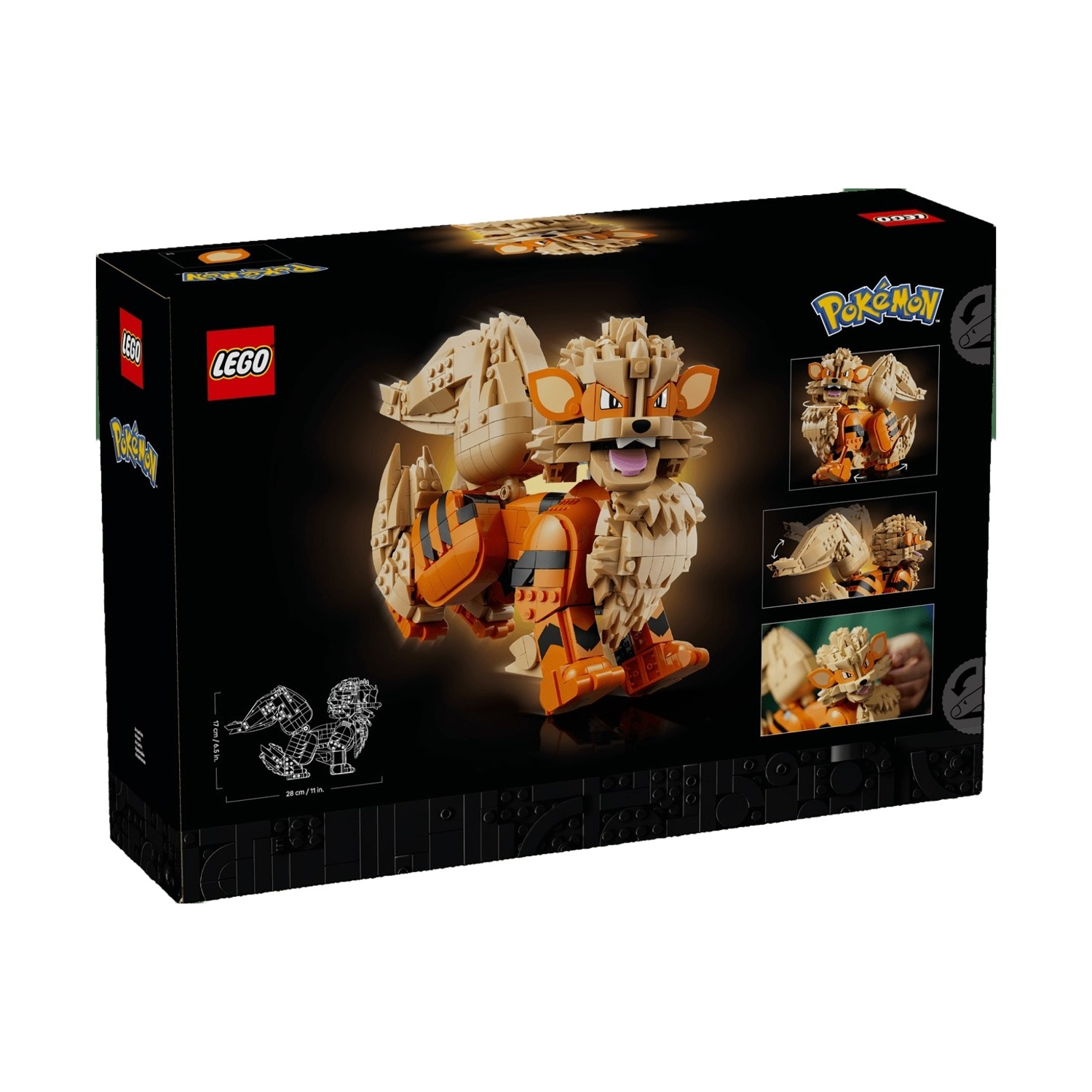 Scatola Lego con modello Arcanine, arancione e beige, con immagini dettagliate.