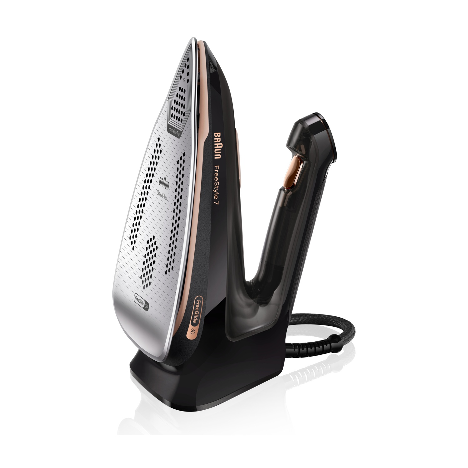 Un ferro da stiro Braun Freestyle 7 nero sul suo supporto, con piastra argentata.