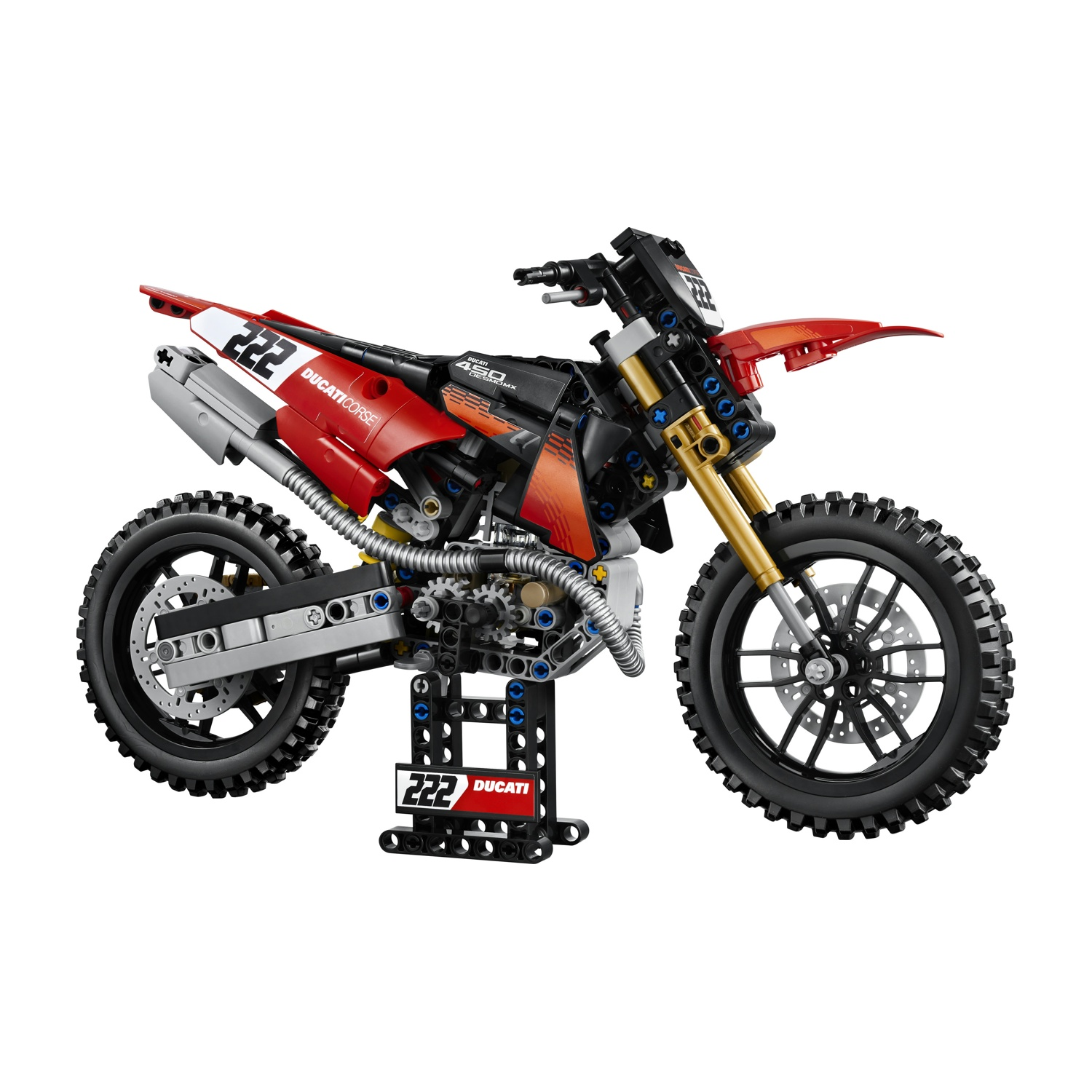 Una moto Lego rossa e nera con il numero 222 su un supporto.