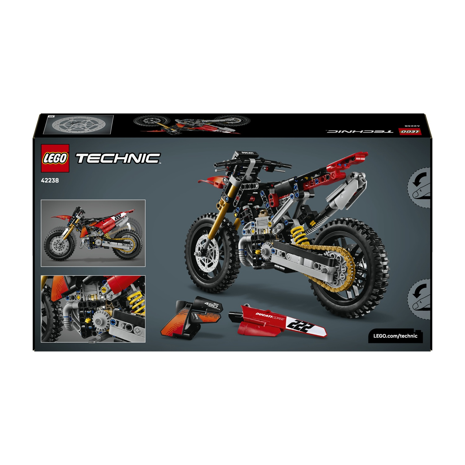 Kit di costruzione moto LEGO Technic Ducati con parti rosse e nere, motore dettagliato.