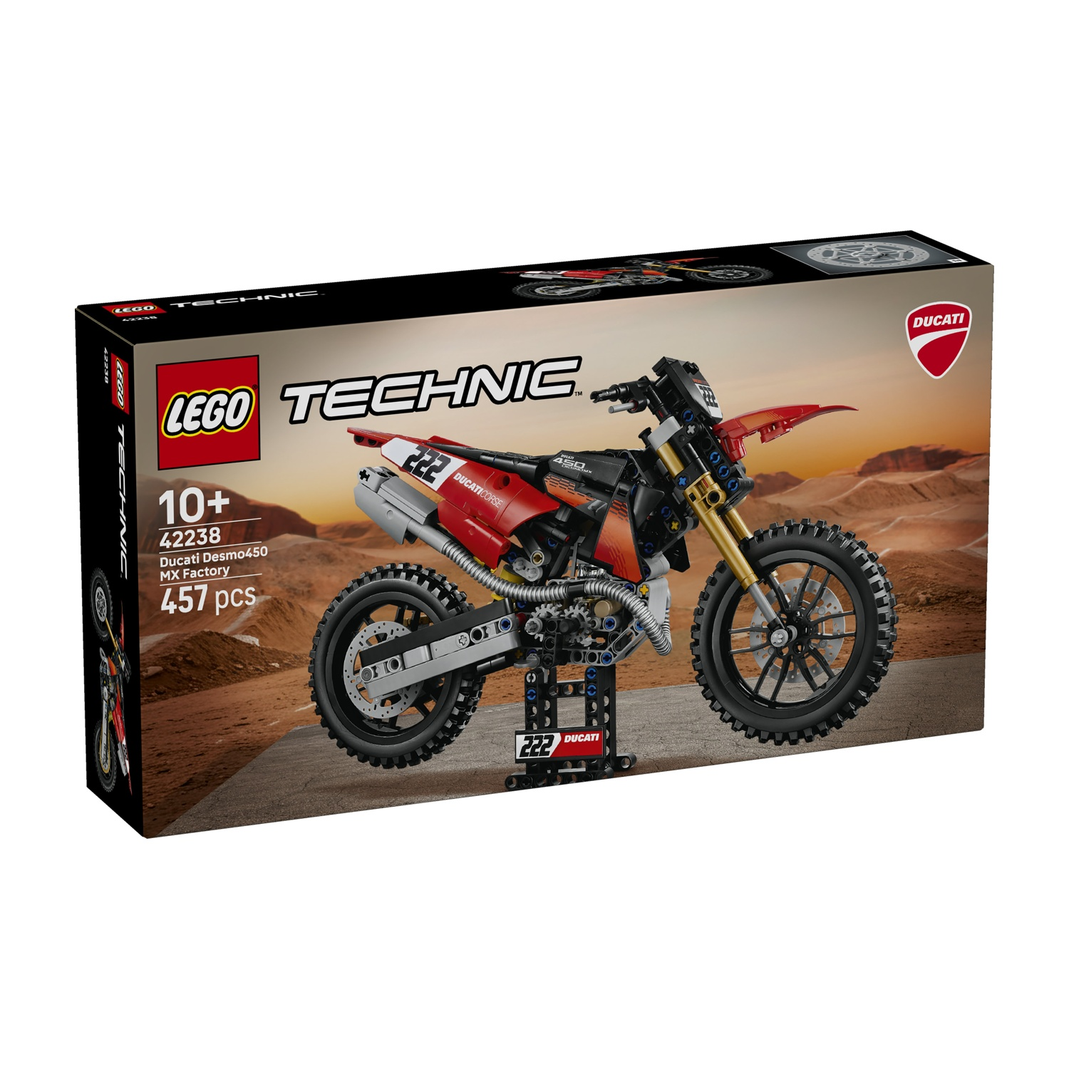 Set di costruzione moto LEGO Technic Ducati con cavalletto in paesaggio desertico.