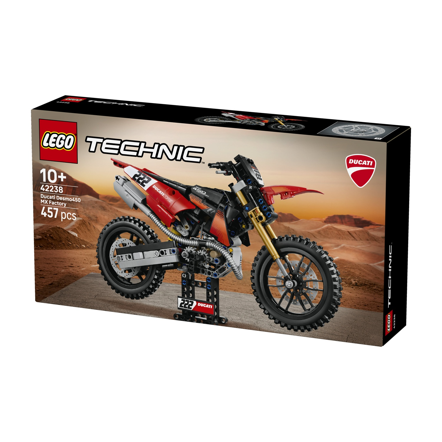 Scatola modello moto LEGO Technic Ducati con sfondo desertico.