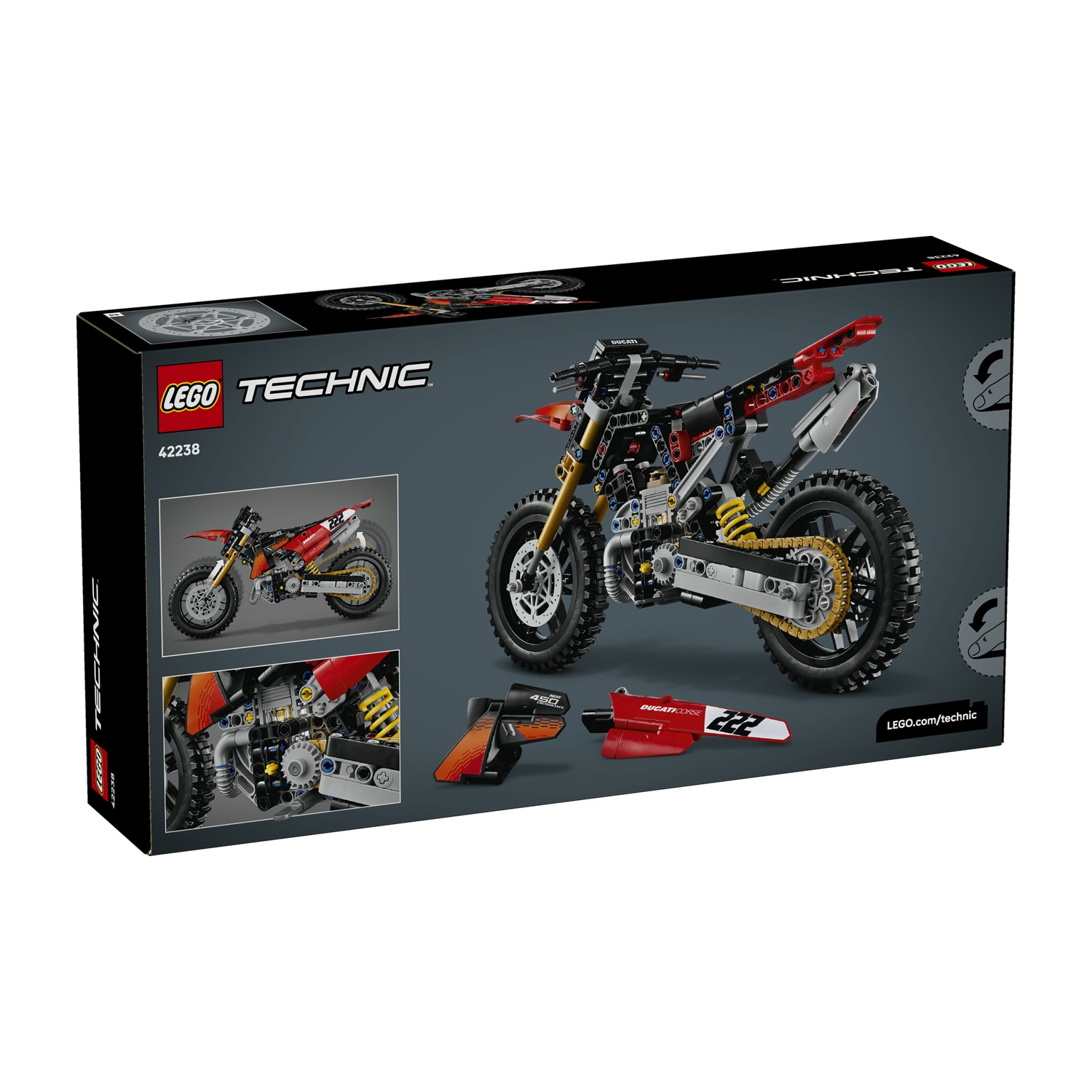 Scatola di un set di costruzione LEGO Technic moto Ducati con immagini.
