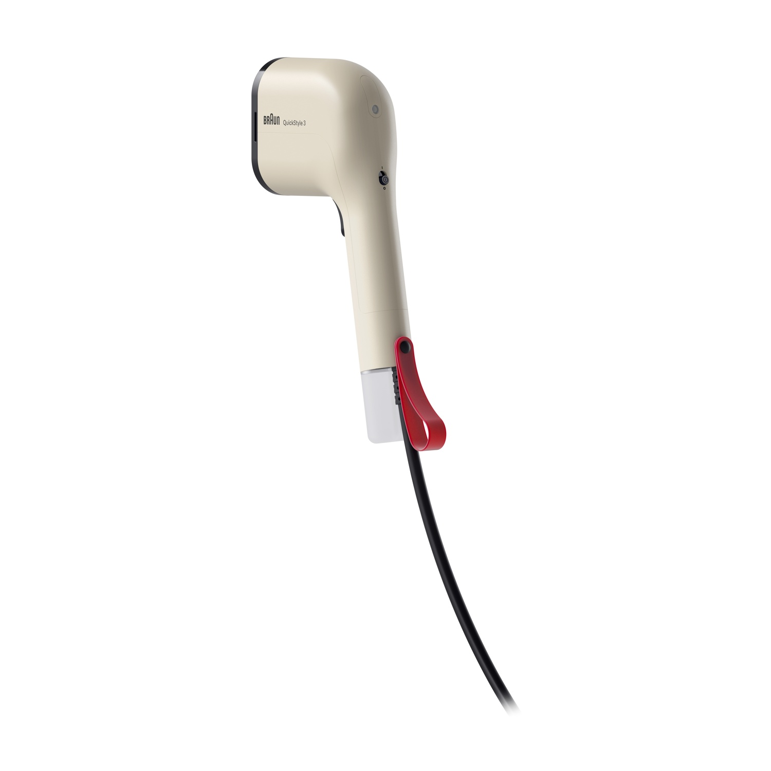 Una piastra per capelli Braun beige con clip rossa e cavo nero.