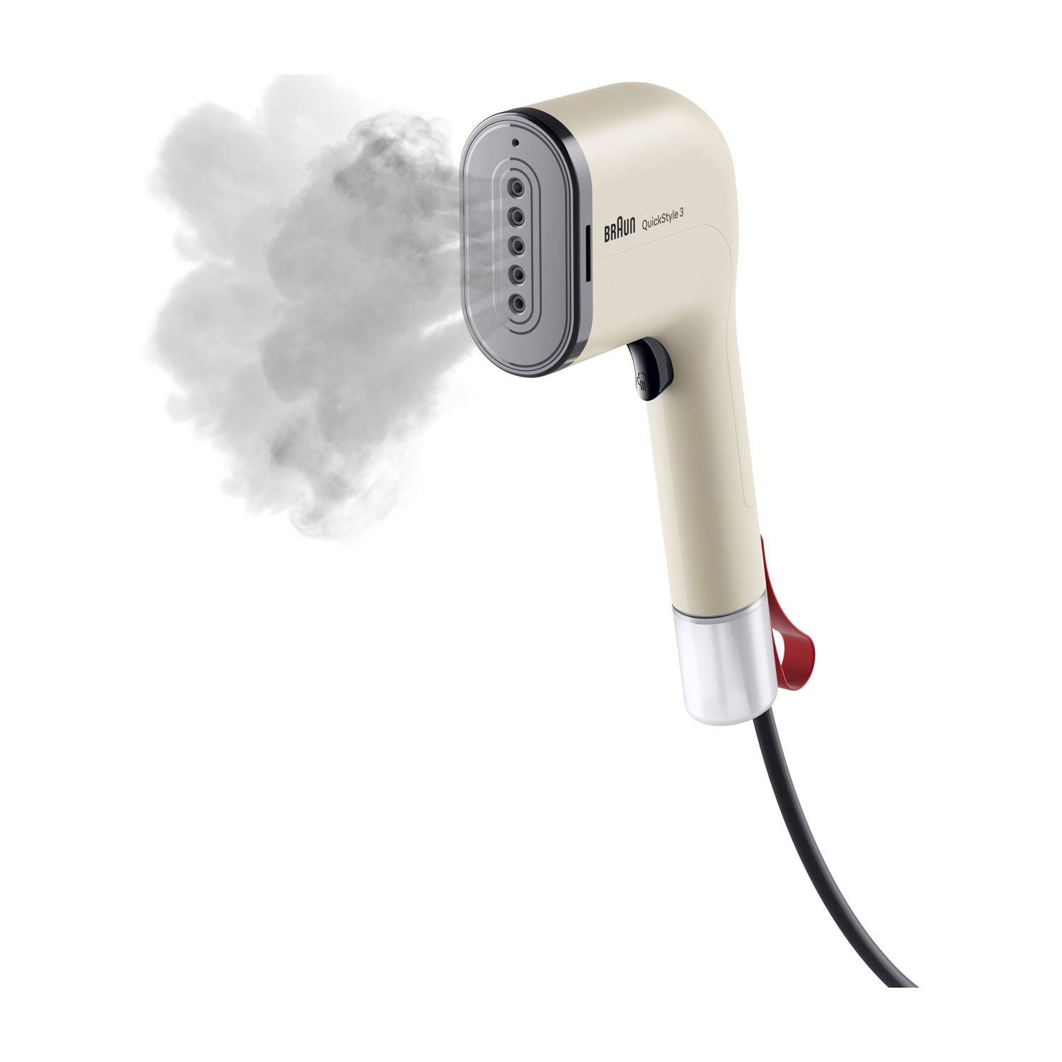 Un vaporizzatore a mano beige con cinque ugelli che emettono vapore.