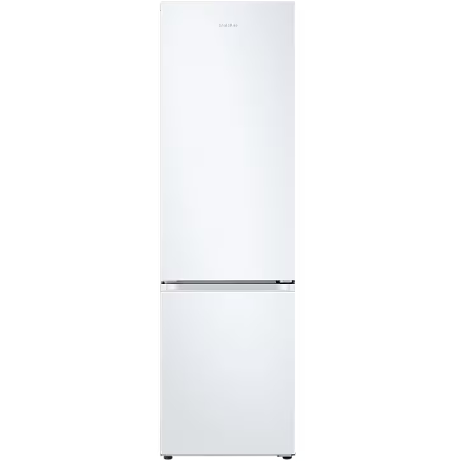 Un elegante refrigerador blanco Samsung con su logo arriba.