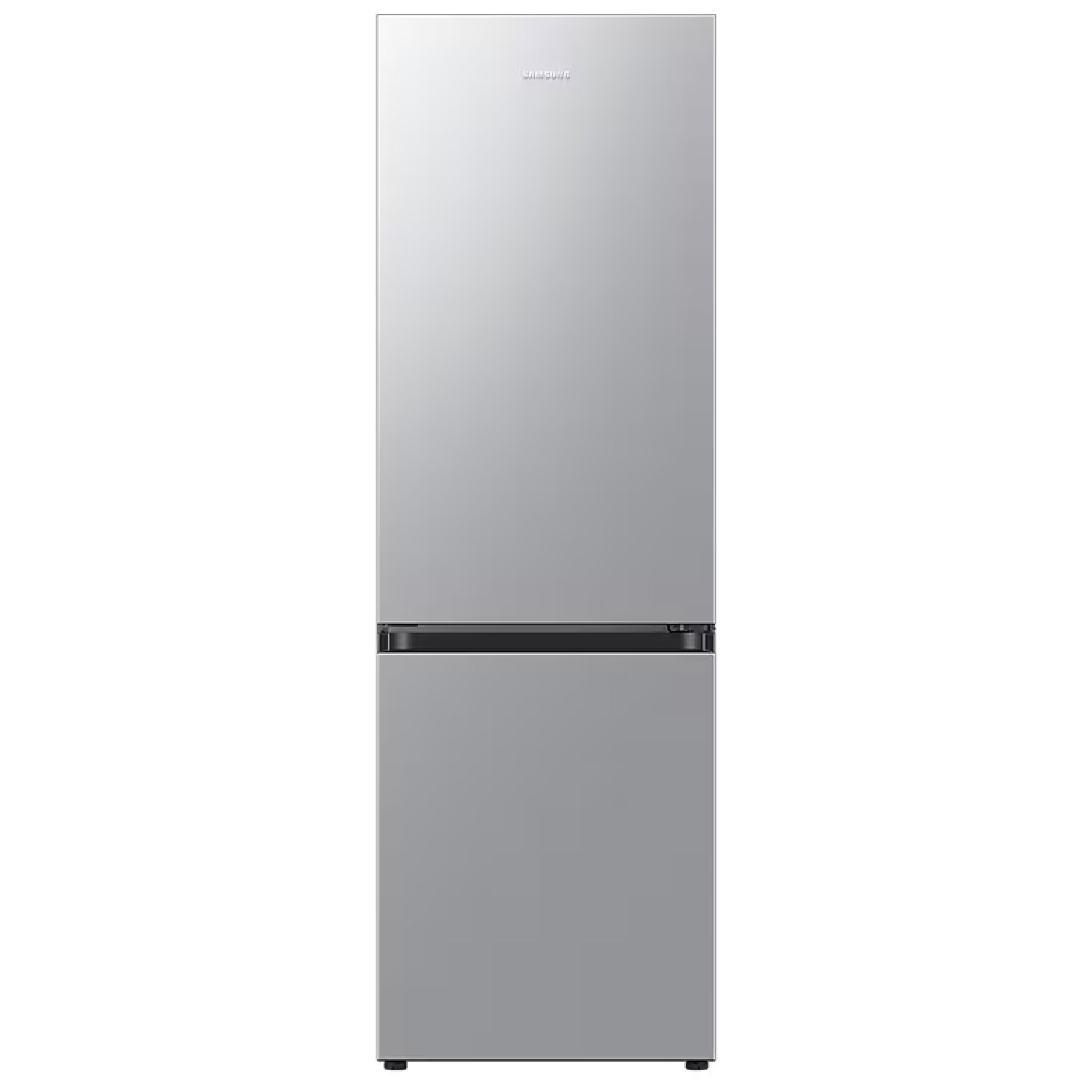Un refrigerador Samsung plateado se muestra sobre un fondo blanco.