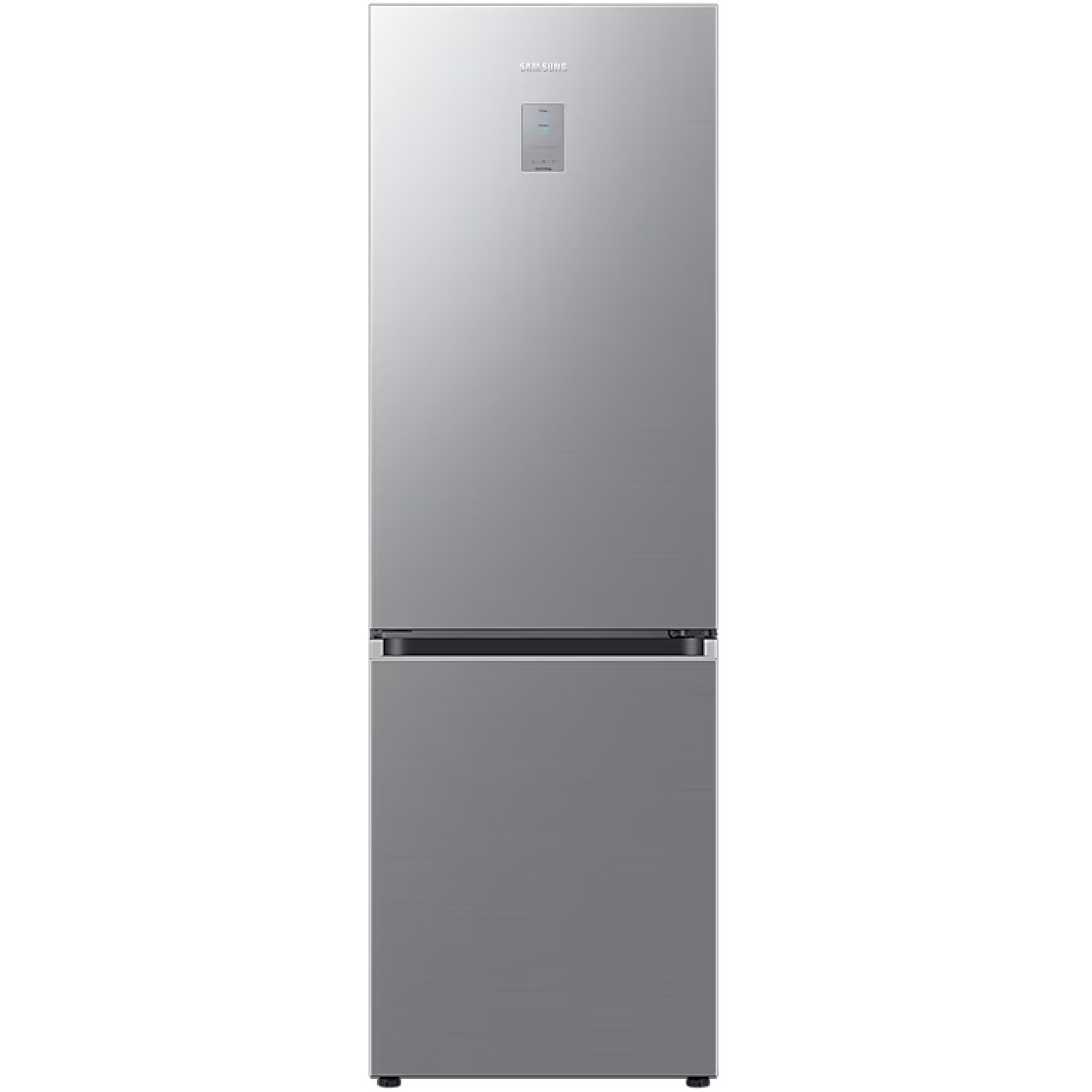Un refrigerador Samsung plateado de dos puertas sobre fondo blanco.