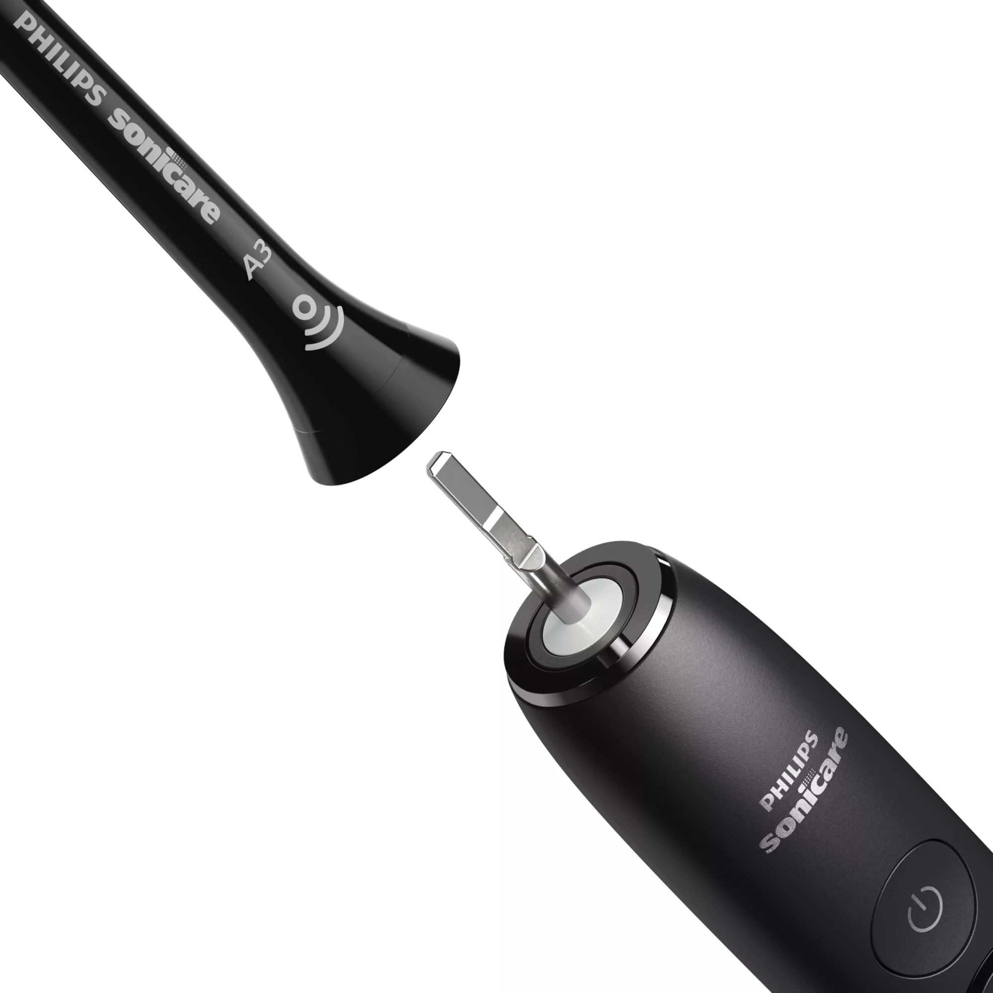 Zwarte Philips Sonicare tandenborstelkop wordt aan handvat bevestigd.