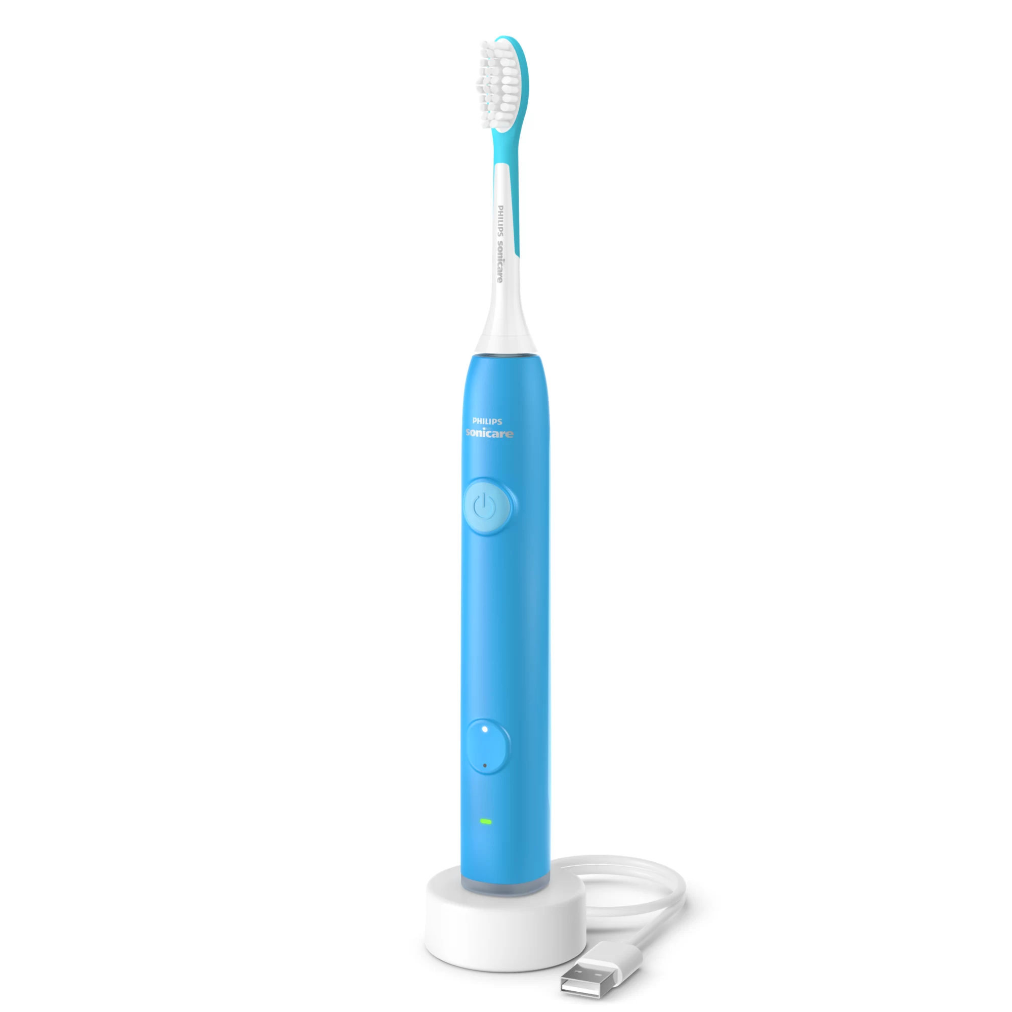 Niebieska szczoteczka Philips Sonicare z białym kablem ładującym na białym tle.
