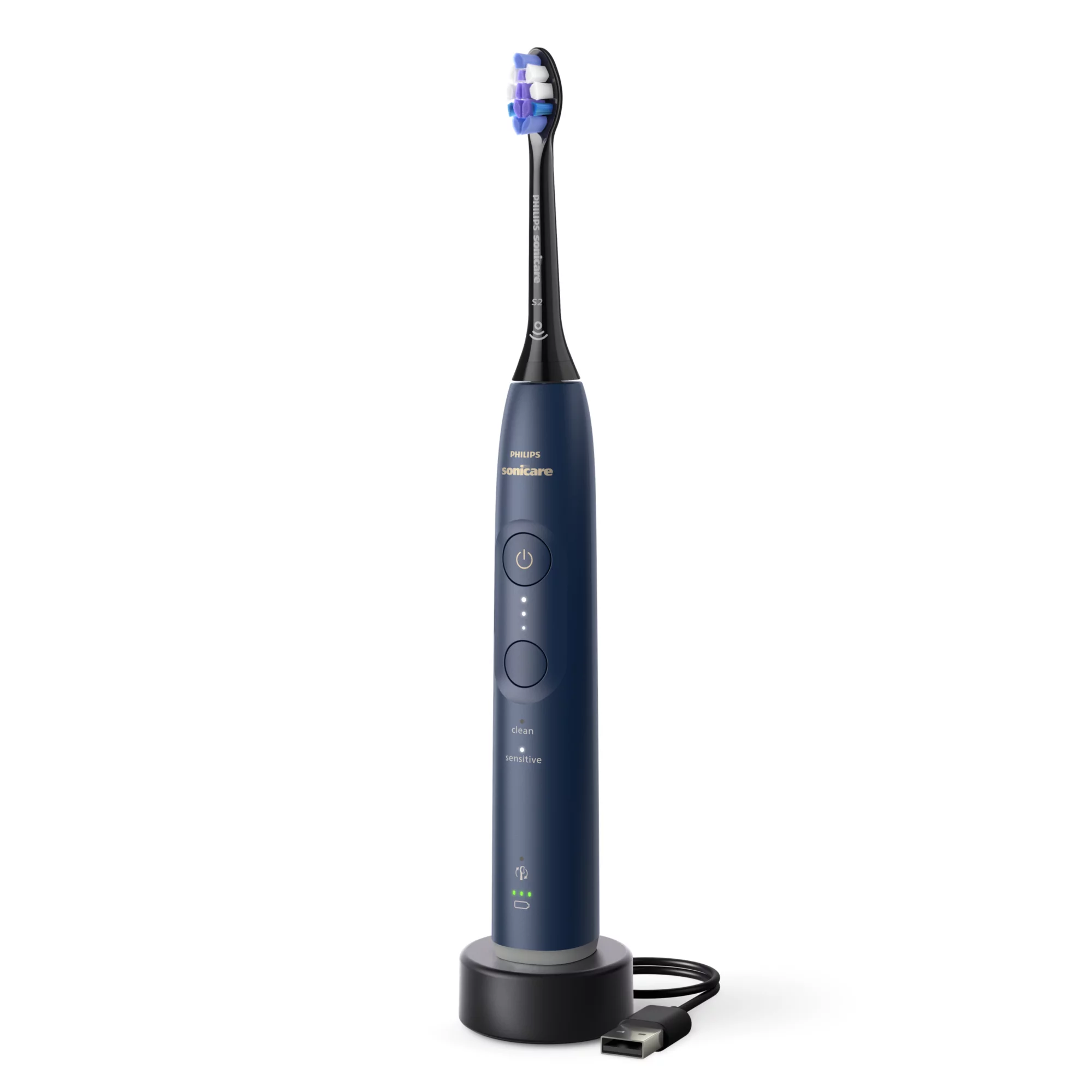 Dunkelblaue elektrische Zahnbürste mit Ladebasis und USB-Kabel.