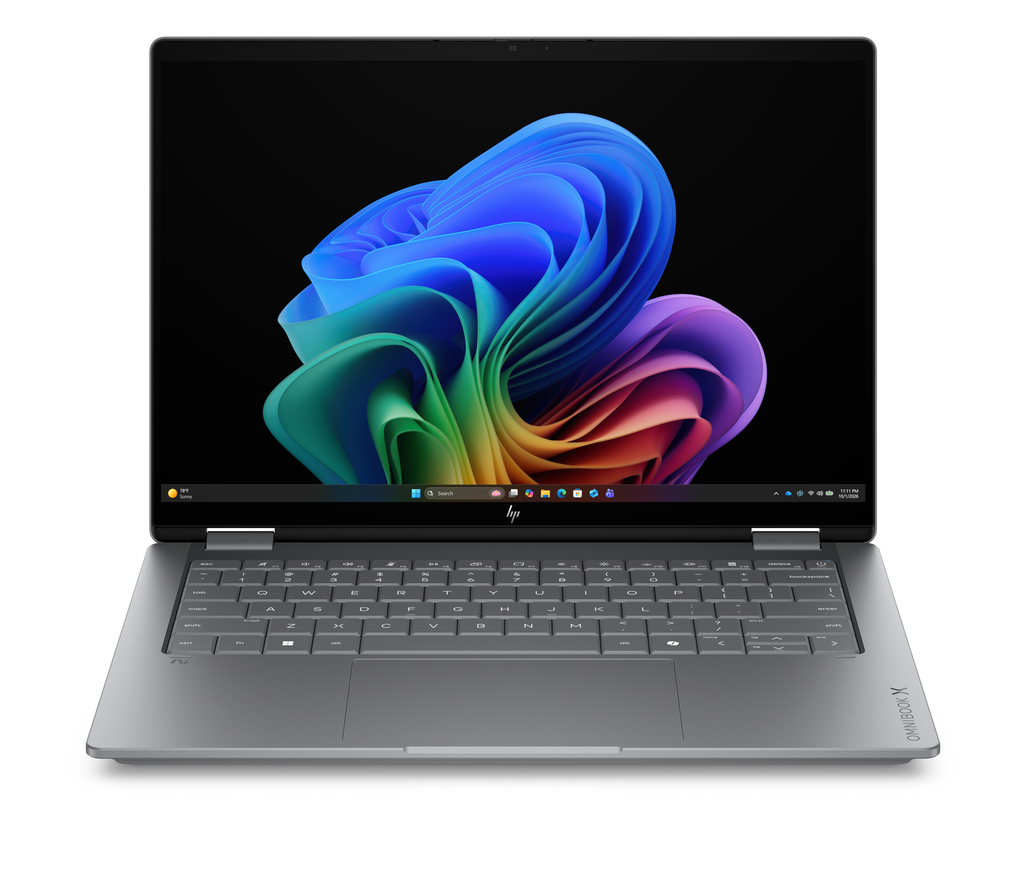 Ein silberner Laptop mit einem farbenfrohen, abstrakten Hintergrundbild.