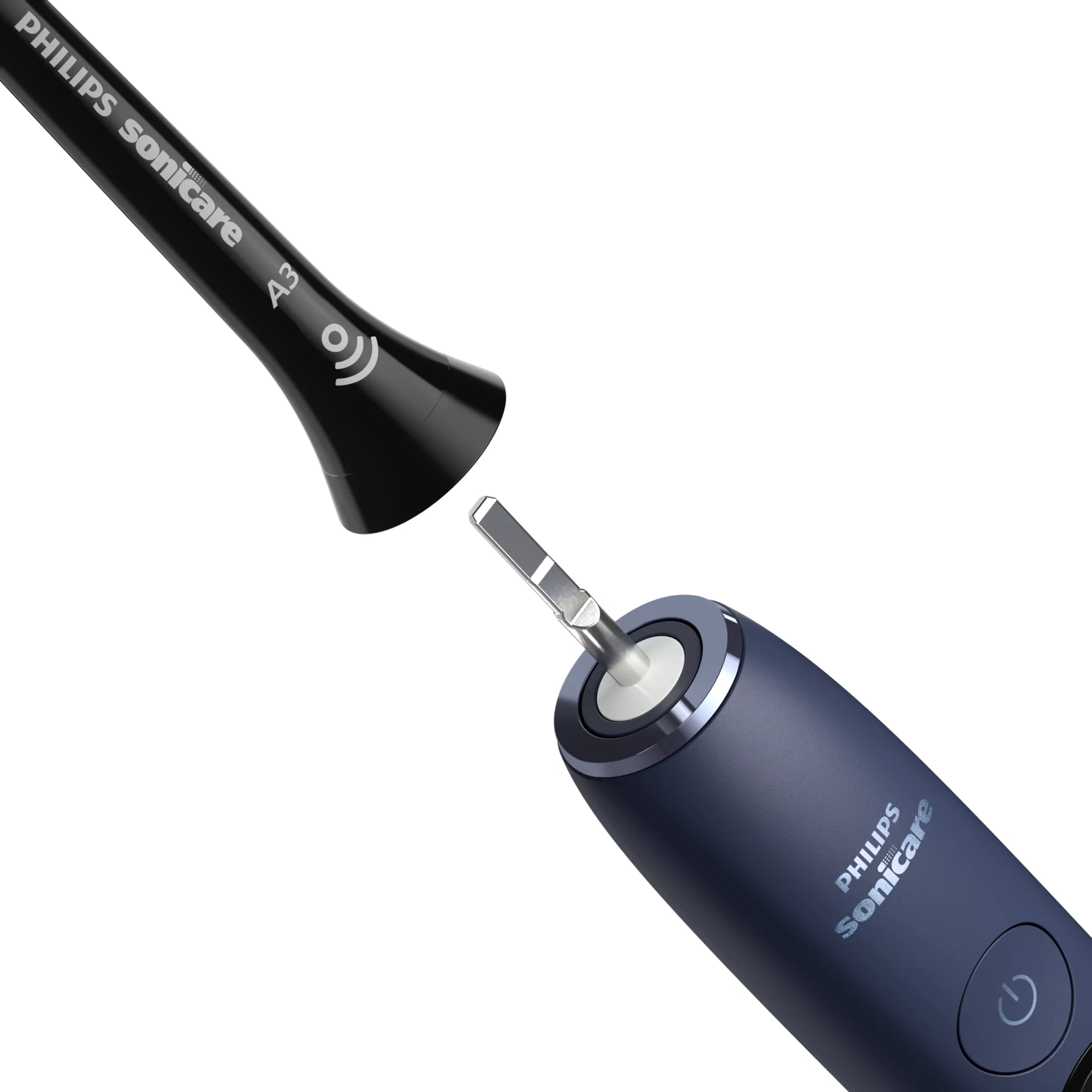 Ein schwarzer Philips Sonicare Zahnbürstenkopf und ein schwarzer Bürstenkopf sind gezeigt, nicht verbunden.