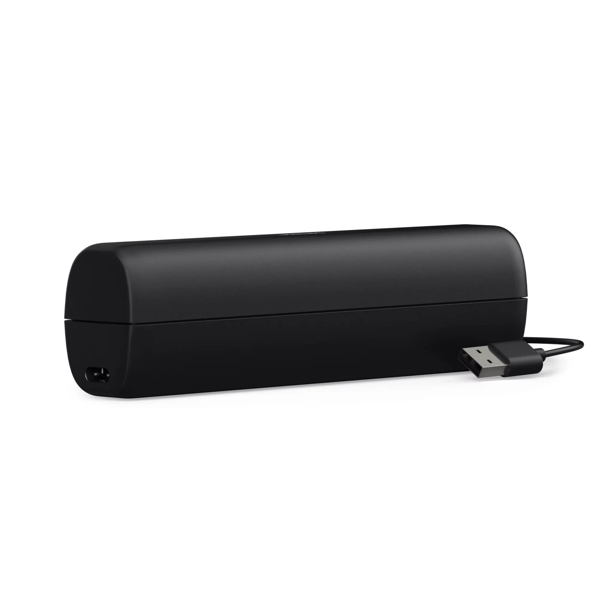 Czarny, cylindryczny gadżet z kablem i złączem USB.