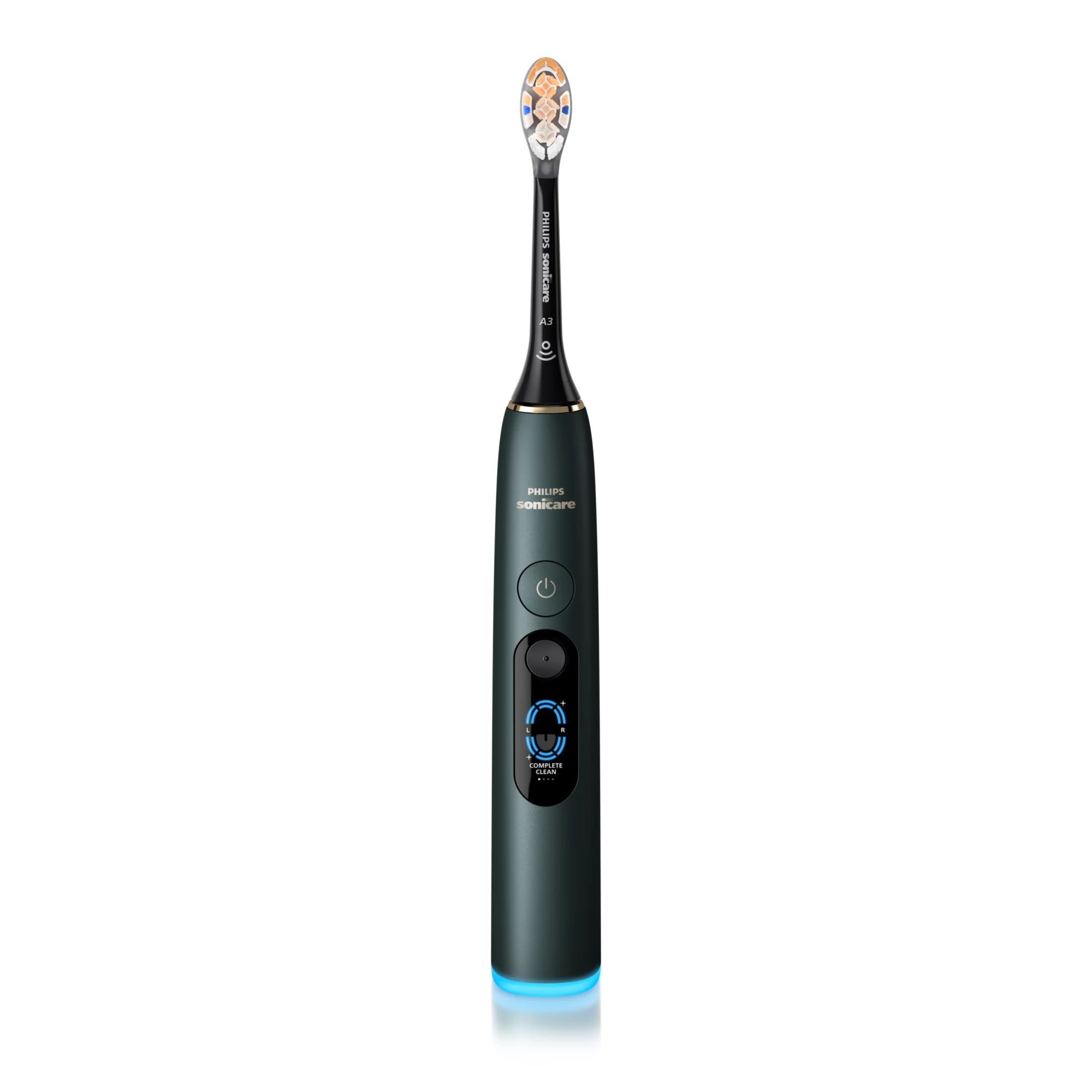 Eine dunkle elektrische Zahnbürste mit blauem Licht an der Basis.
