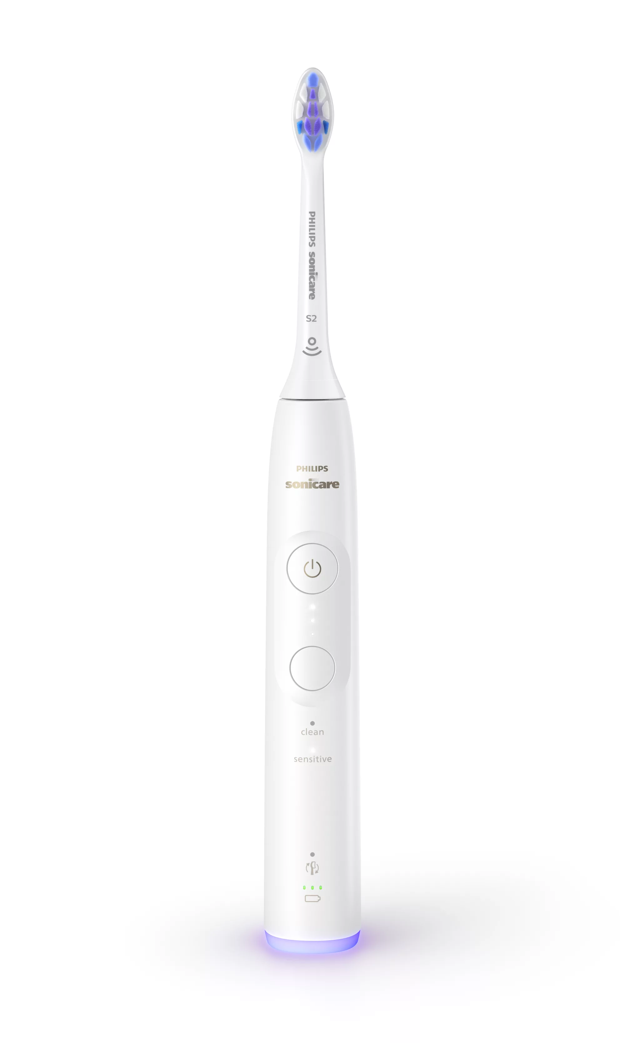 Biała szczoteczka Philips Sonicare z niebieskim włosiem, przyciskiem zasilania i wskaźnikami.