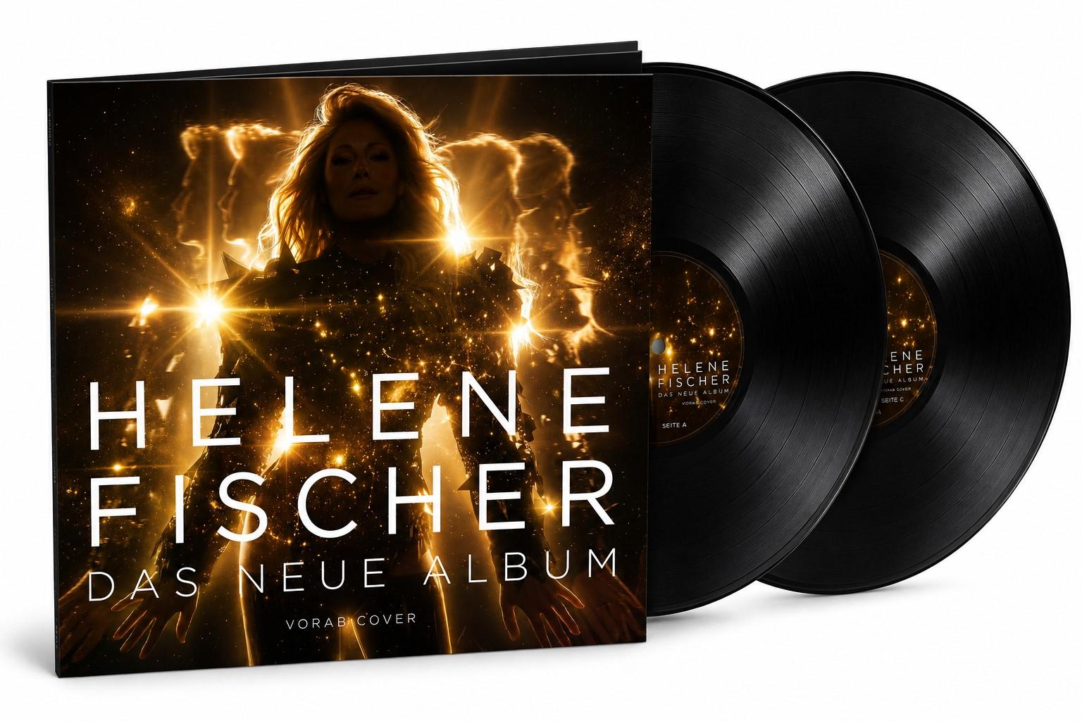 Helene Fischer Albumcover mit zwei Schallplatten und funkelndem Hintergrund.