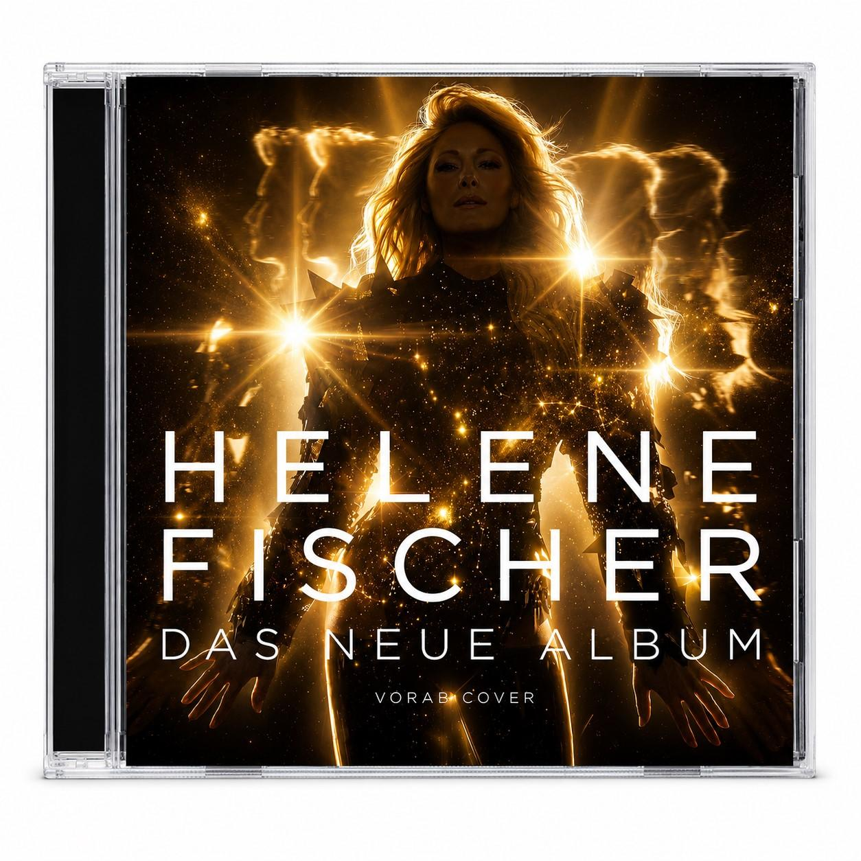 Helene Fischer auf einem CD-Cover, umgeben von goldenem Glanz und Sternen.