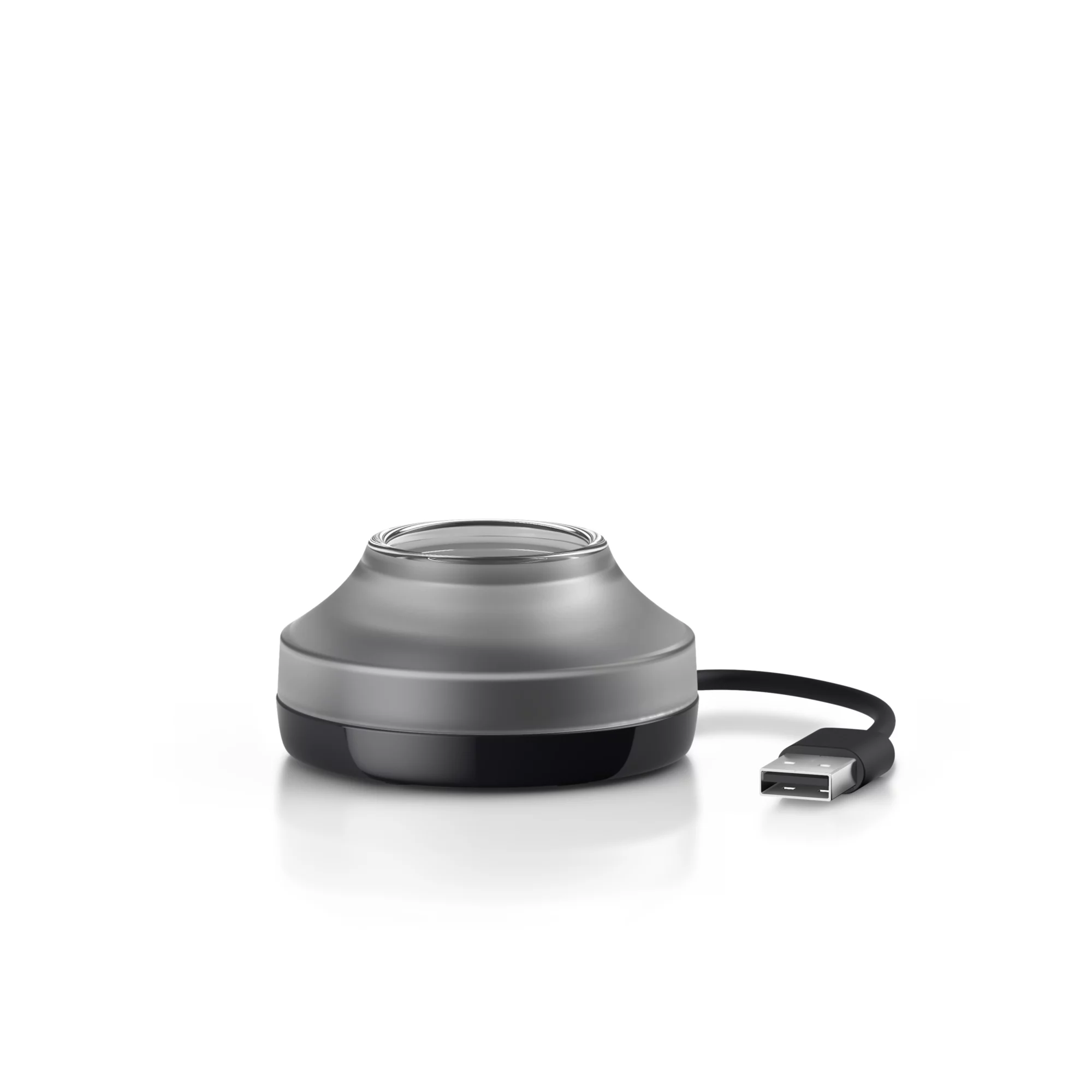 Ein graues und schwarzes USB-Gerät mit einem transparenten oberen Teil.