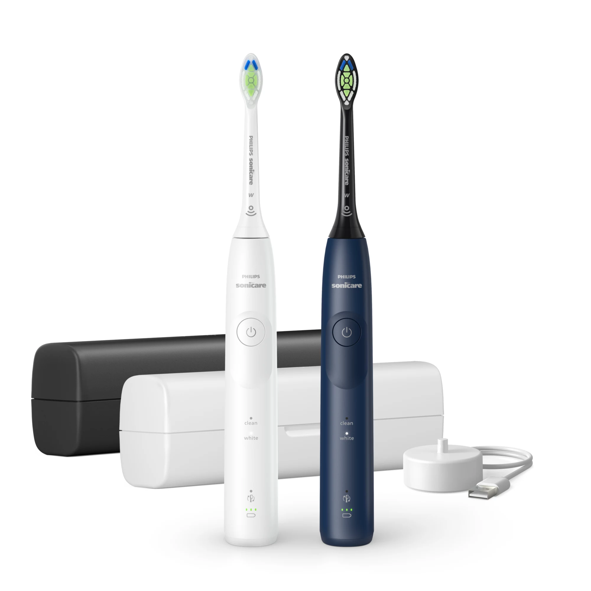 Dwa szczoteczki Philips Sonicare, biały i granatowy, z ładowarką i etui.