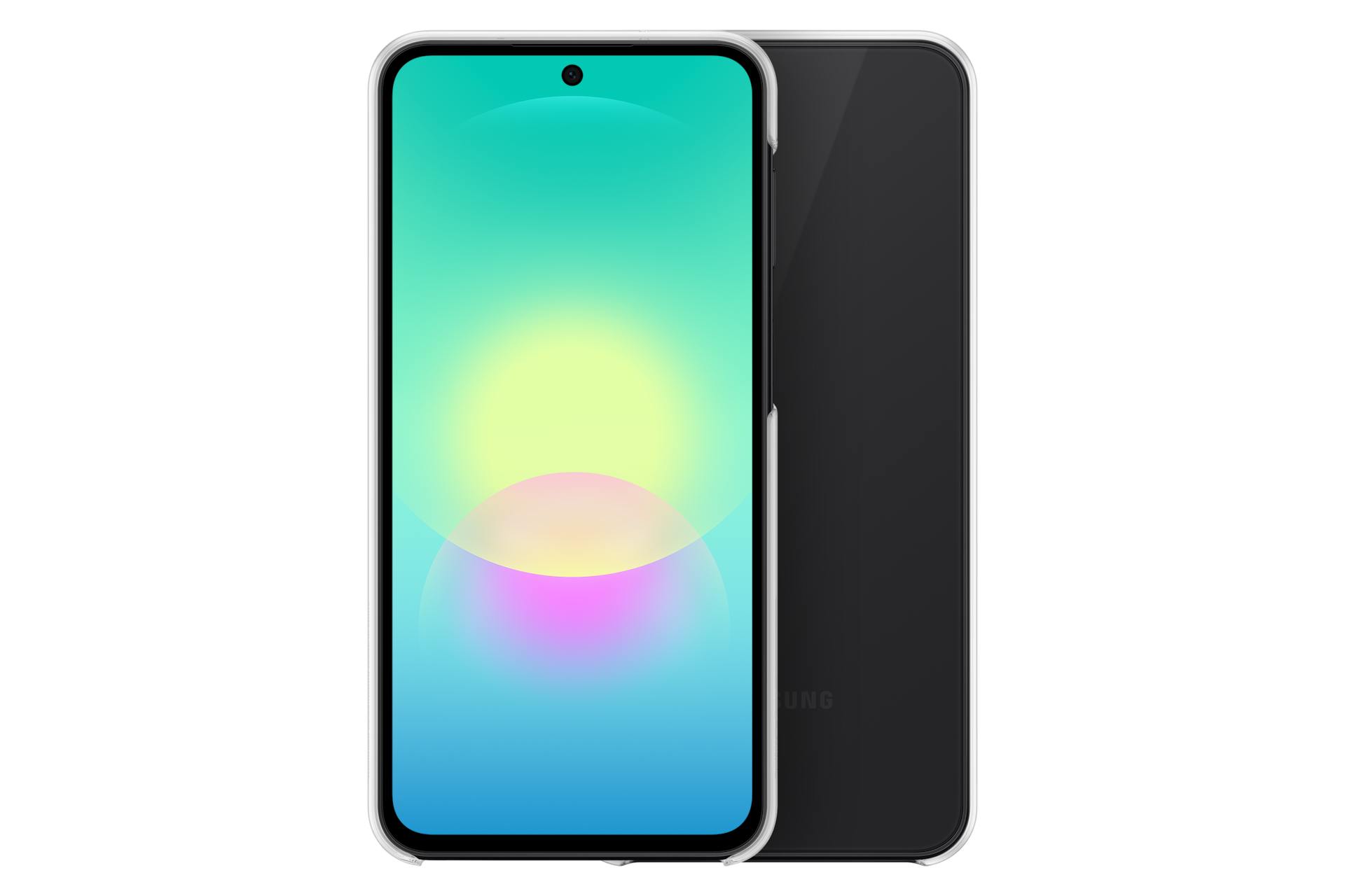 Ein Smartphone mit einem farbenfrohen Hintergrund und einem schwarzen Rückendeckel.