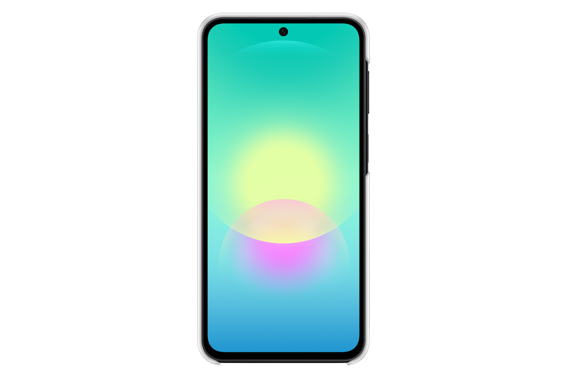 Ein Smartphone mit einem Farbverlauf von Türkis zu Blau, mit einem gelben und rosa Kreis.