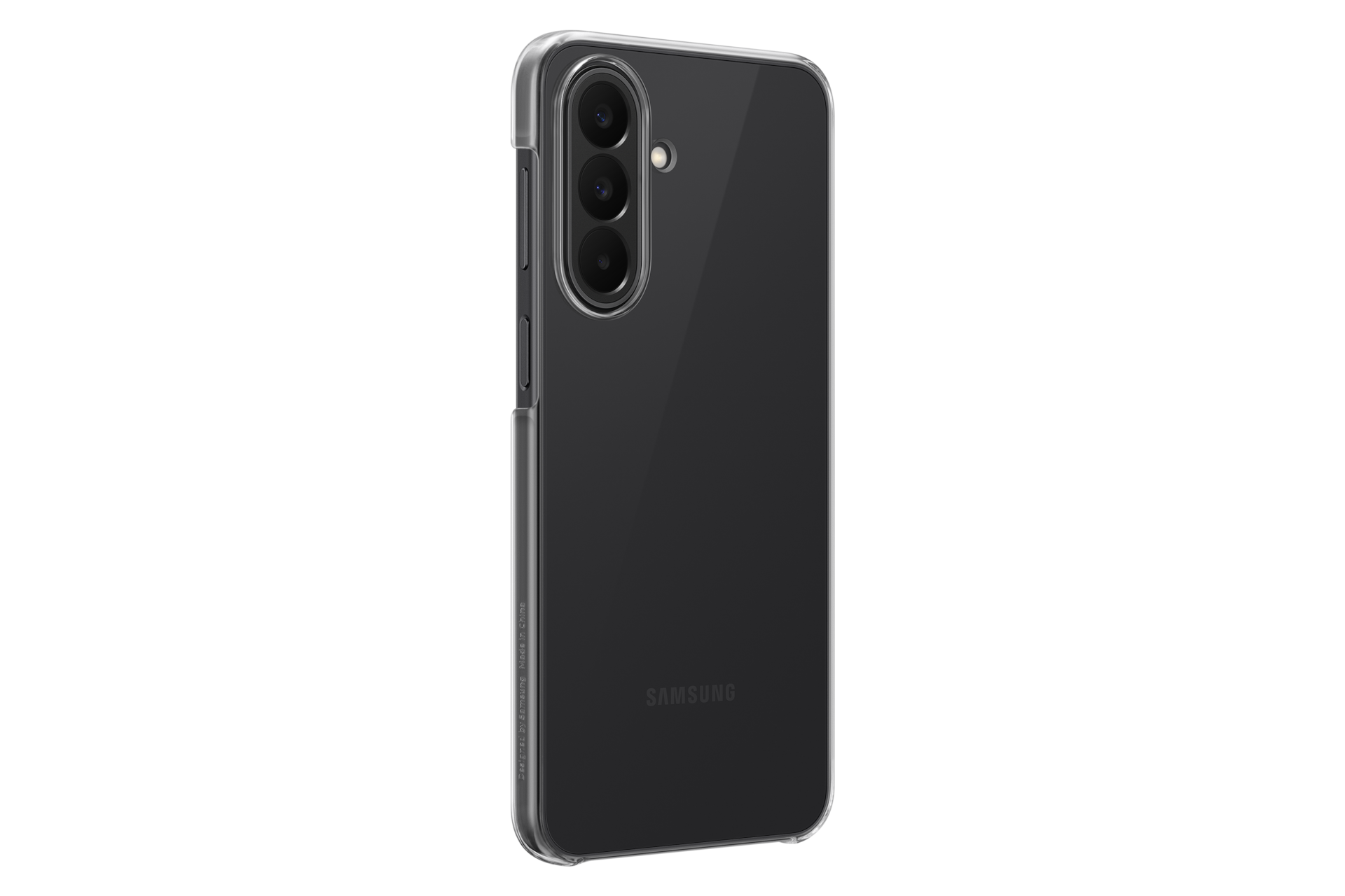Rückseite eines transparenten Samsung-Handys mit drei Kameras und einem Blitz.
