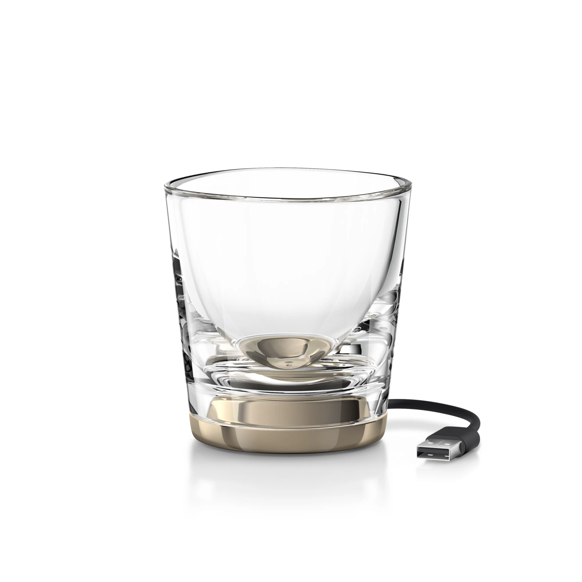 Ein Glas mit einem USB-Kabel und einem goldenen Sockel auf weißem Hintergrund.