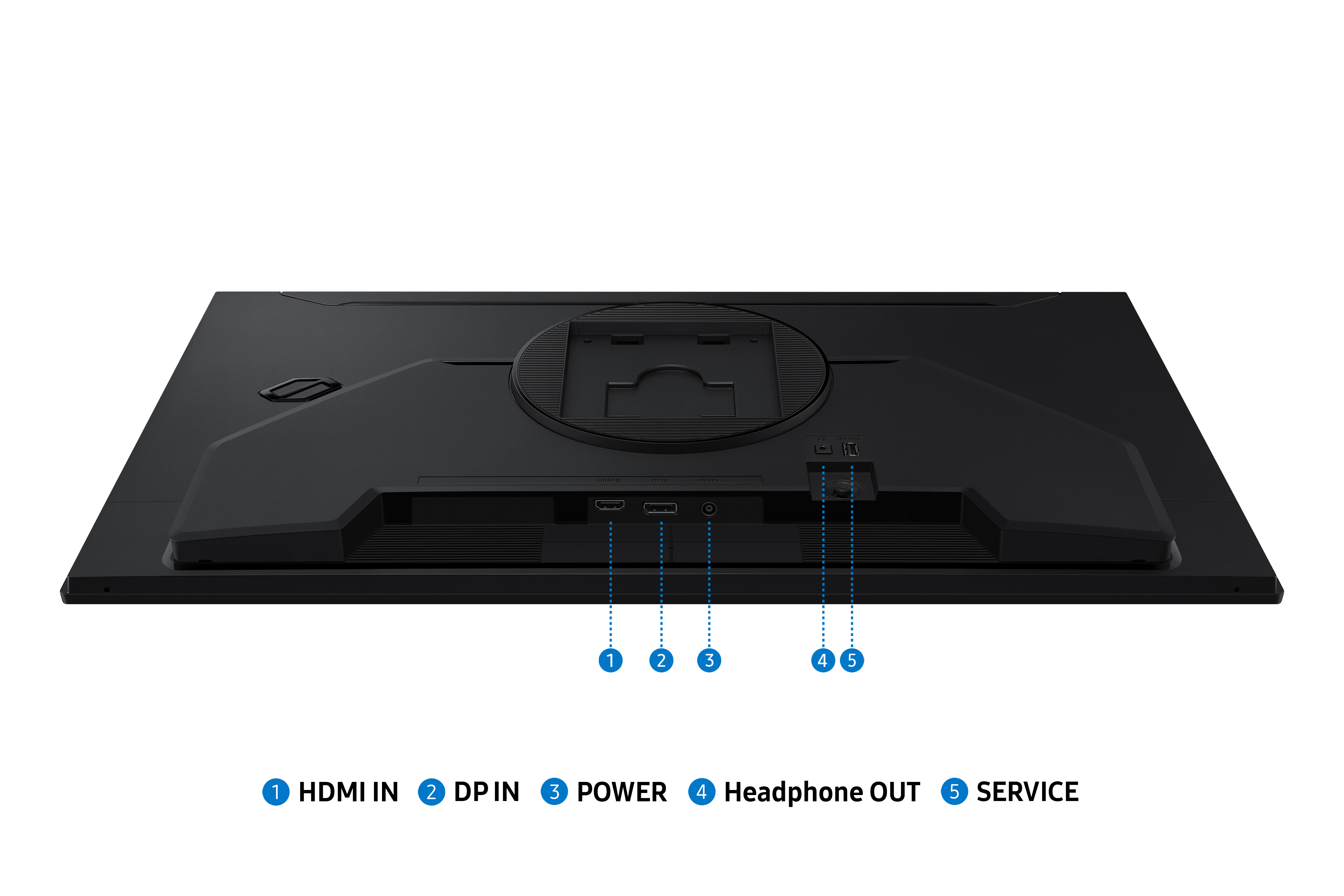 Siyah monitörün arkası, bağlantı noktaları: HDMI, DP, Güç, Kulaklık, Servis.