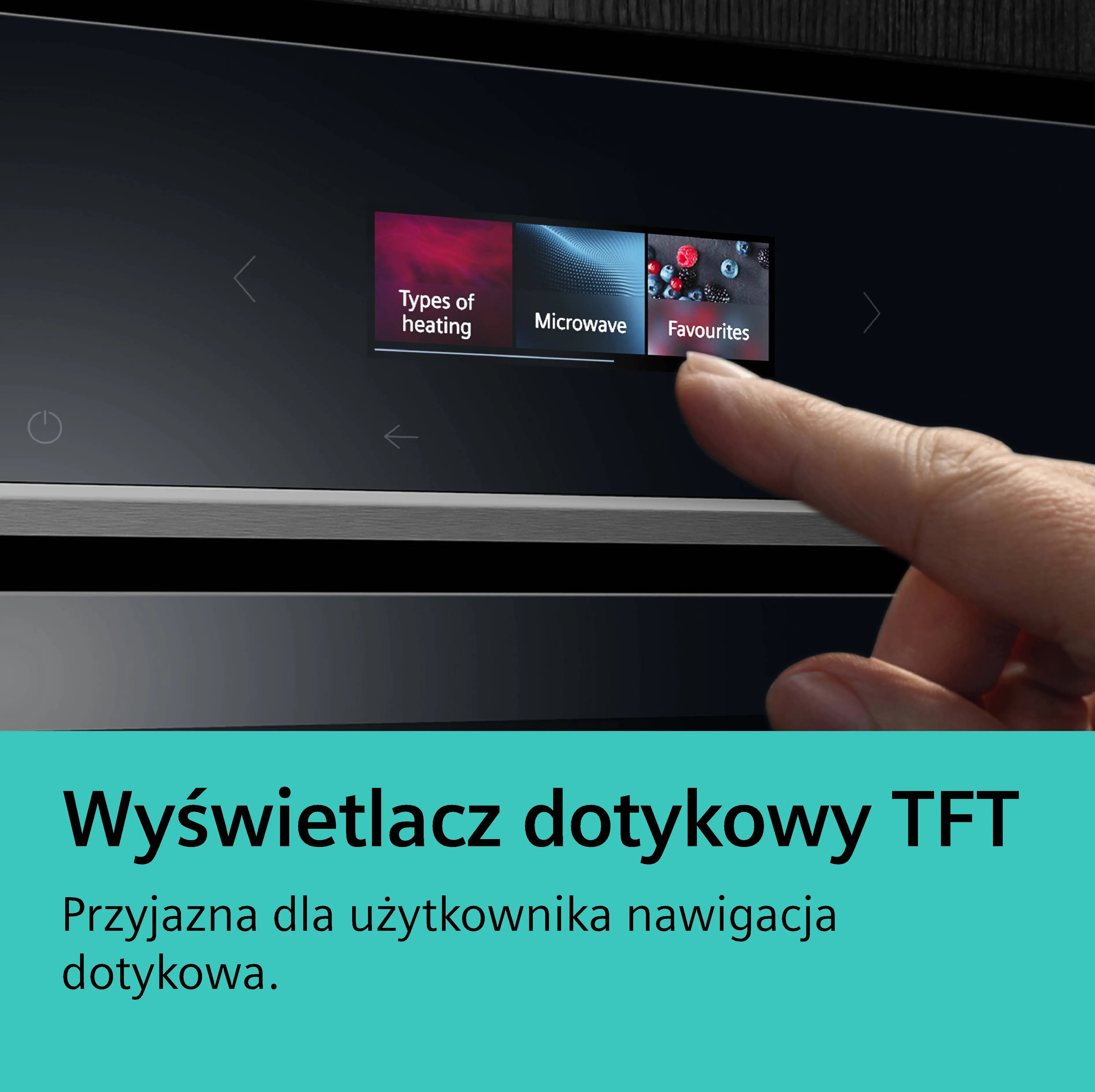 Palec dotyka ekranu dotykowego piekarnika wyświetlającego tryby gotowania.