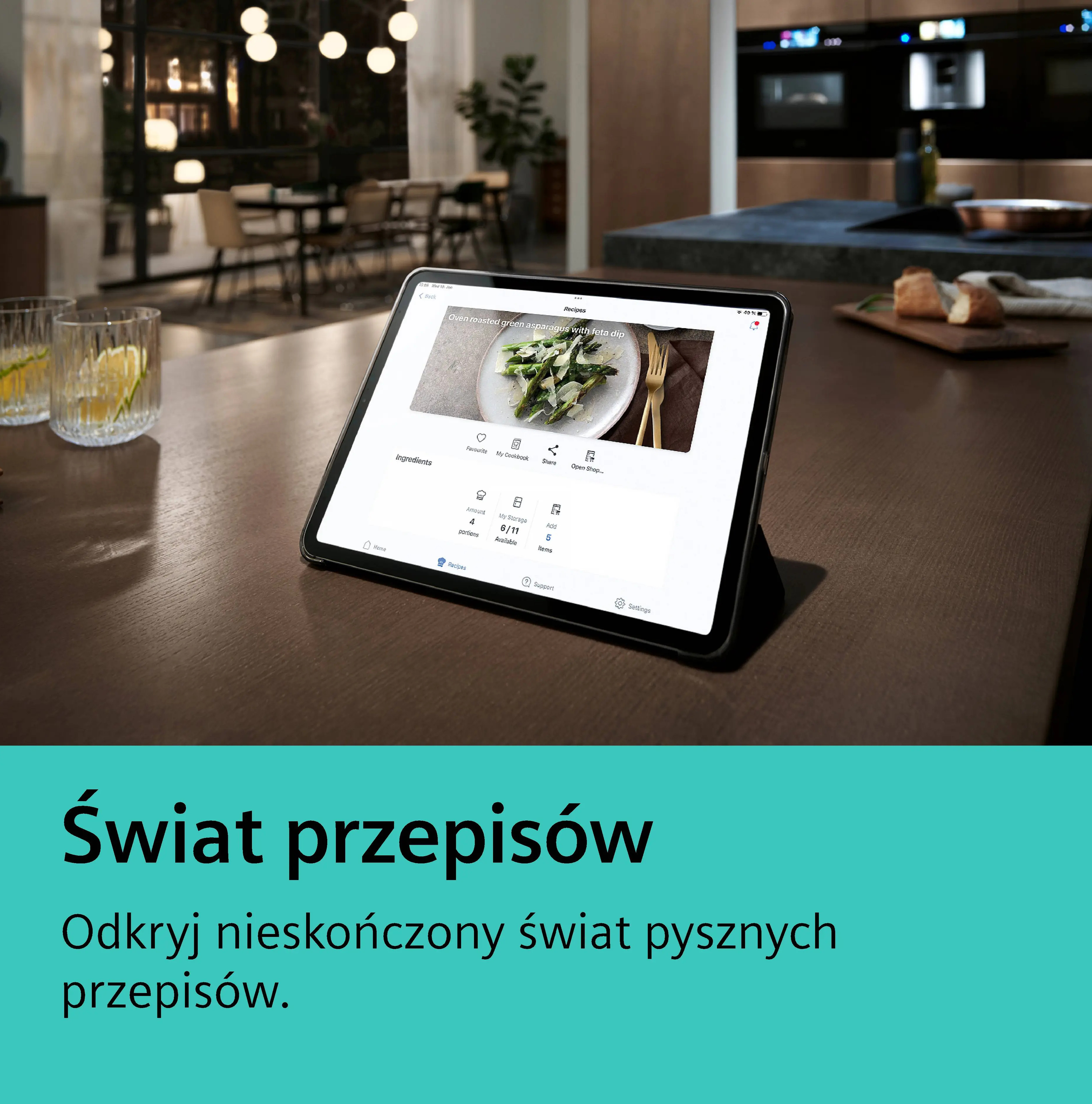 Tablet wyświetla przepis na szparagi z dipem feta w nowoczesnej kuchni.