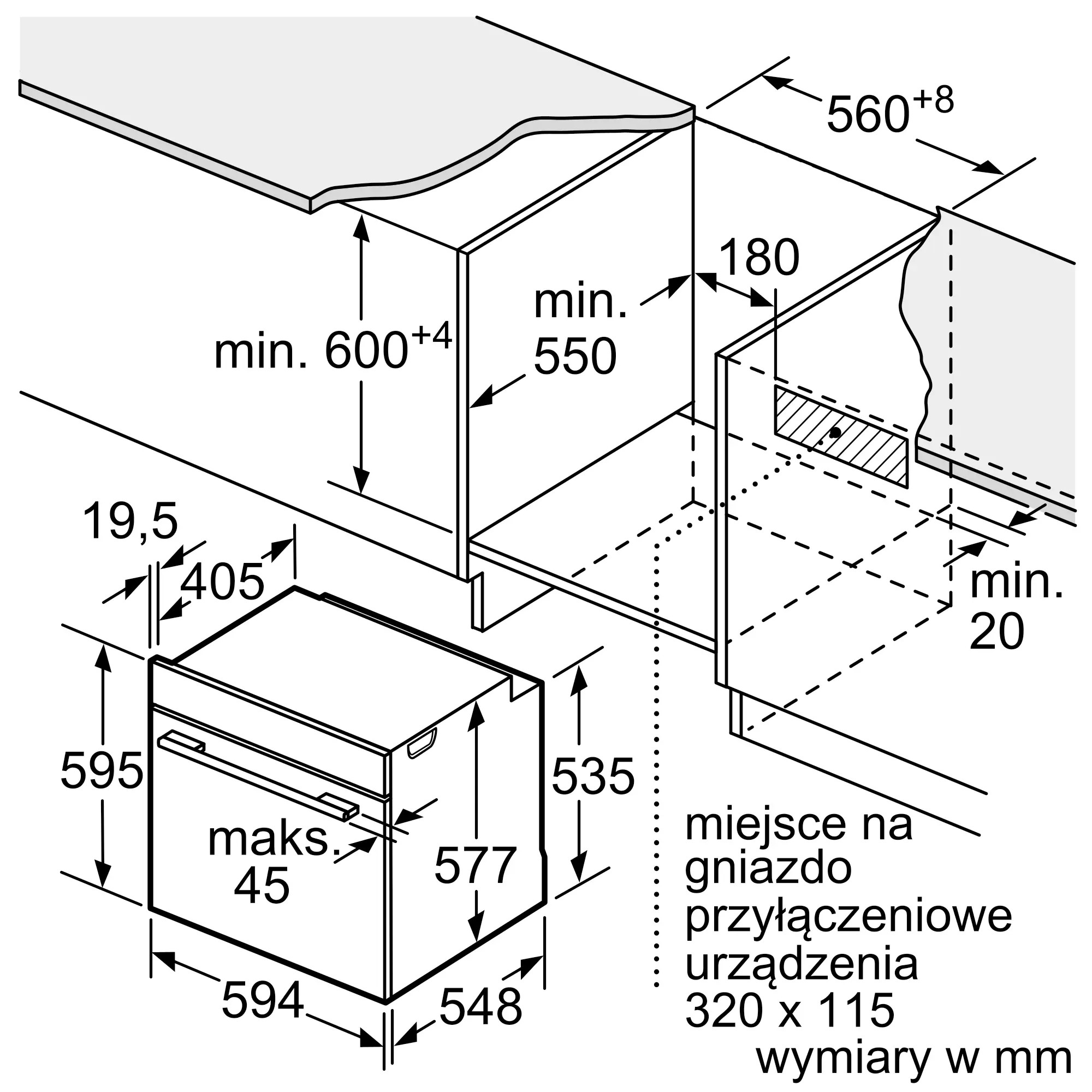 Rysunek techniczny piekarnika do zabudowy z wymiarami w mm.