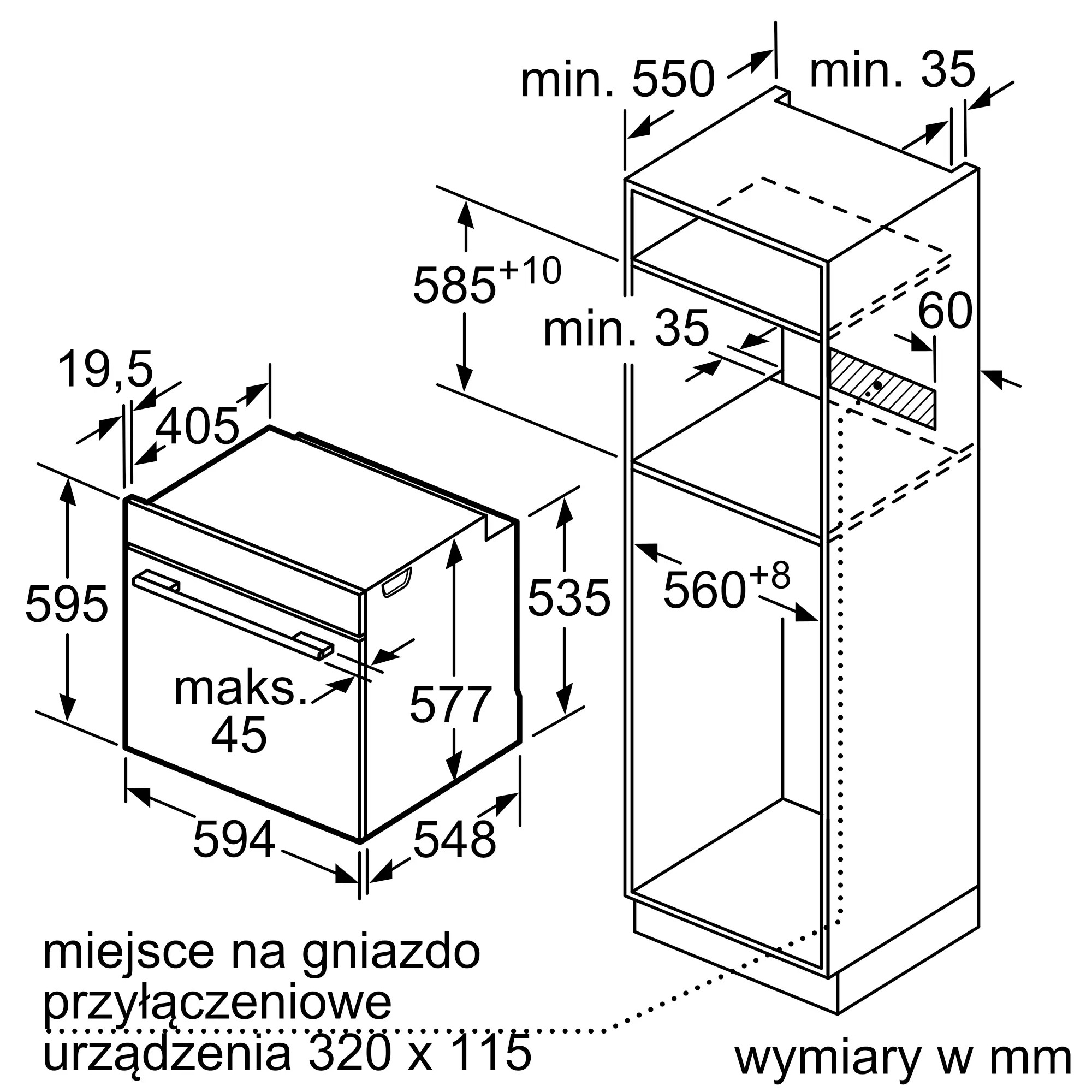 Rysunek techniczny z wymiarami urządzeń do zabudowy, piekarnika i szafki.