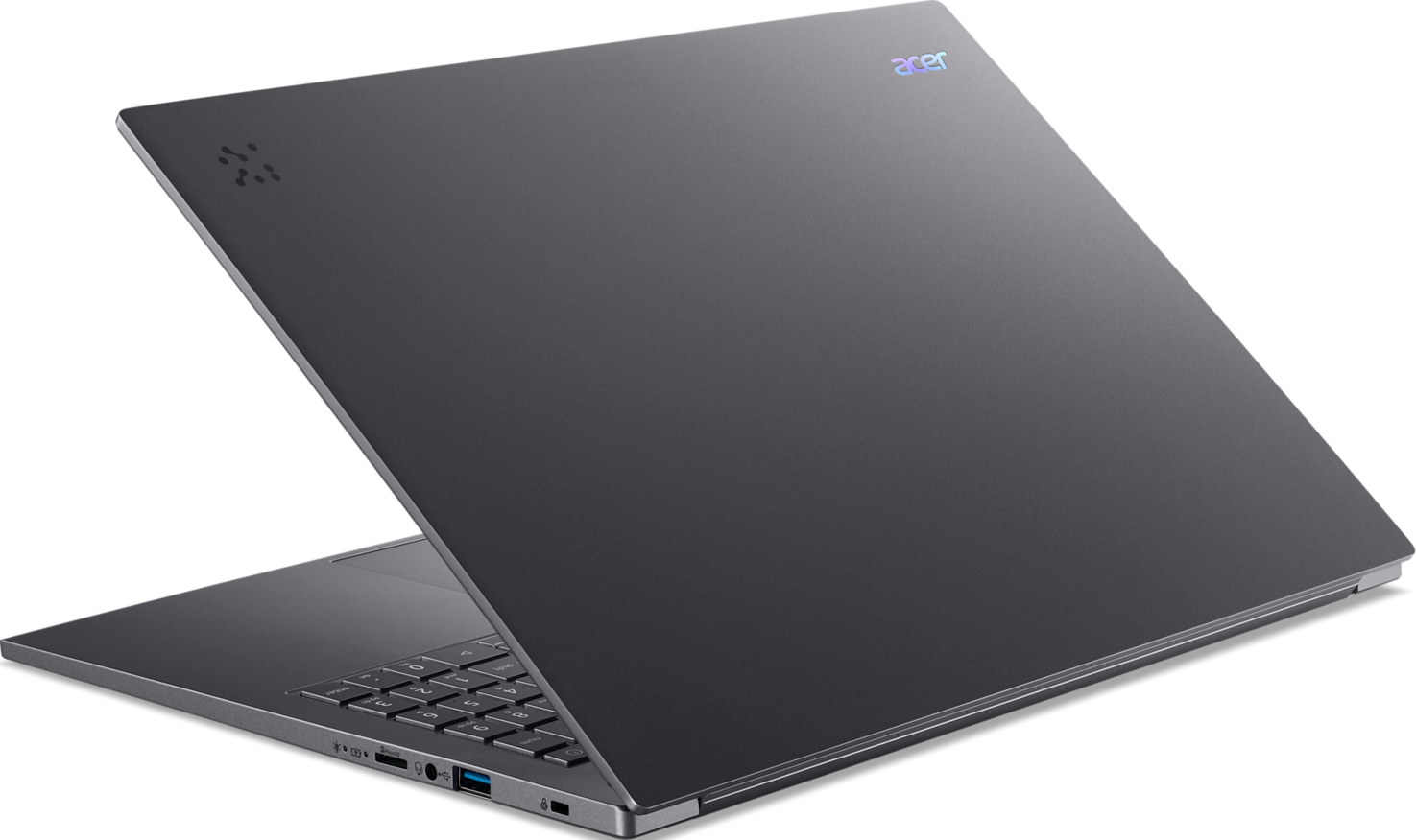 Ein geschlossener grauer Acer Laptop mit Tastatur und Anschlüssen.