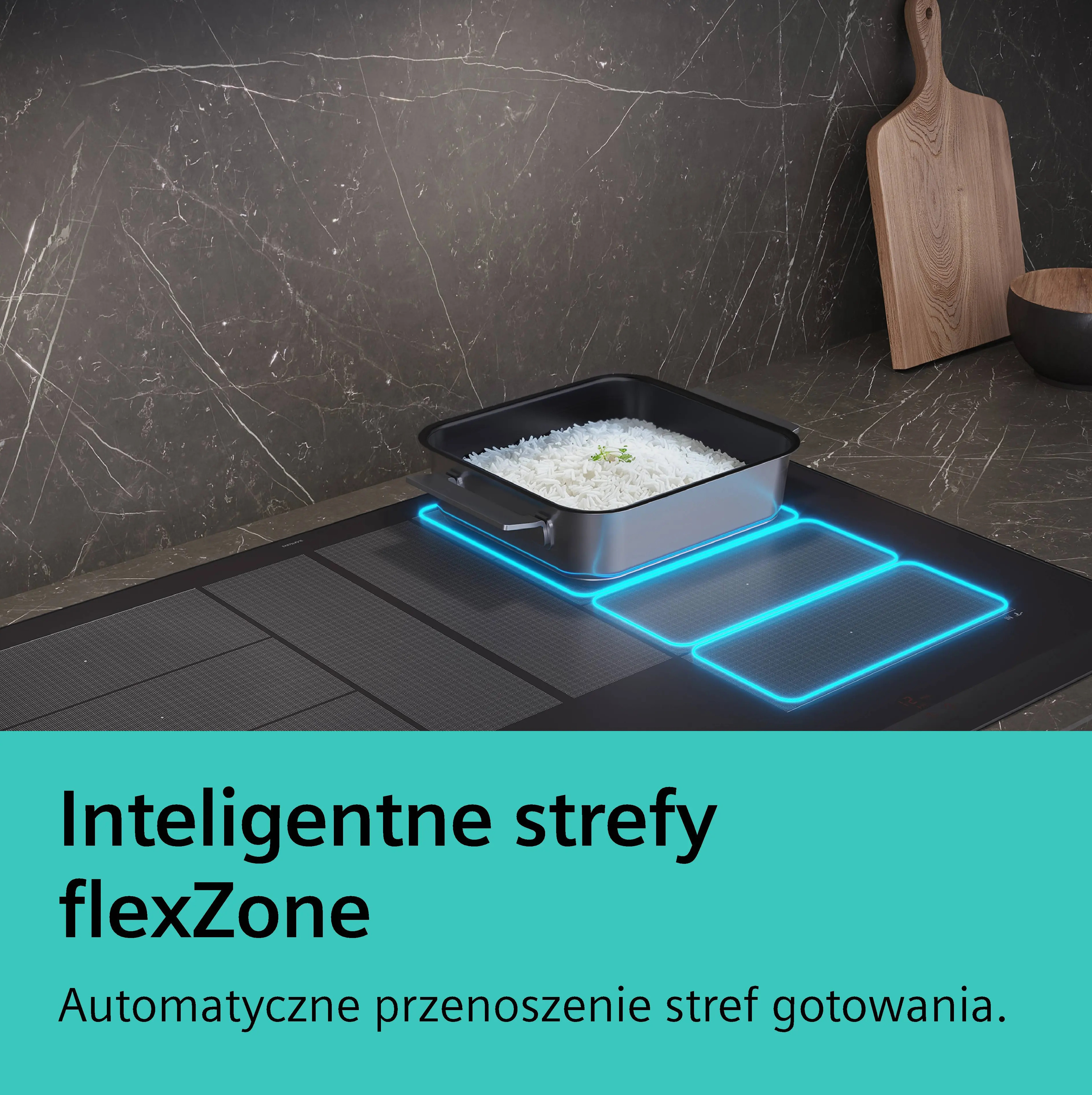 Płyta grzewcza z podświetlanymi strefami i garnkiem ryżu.