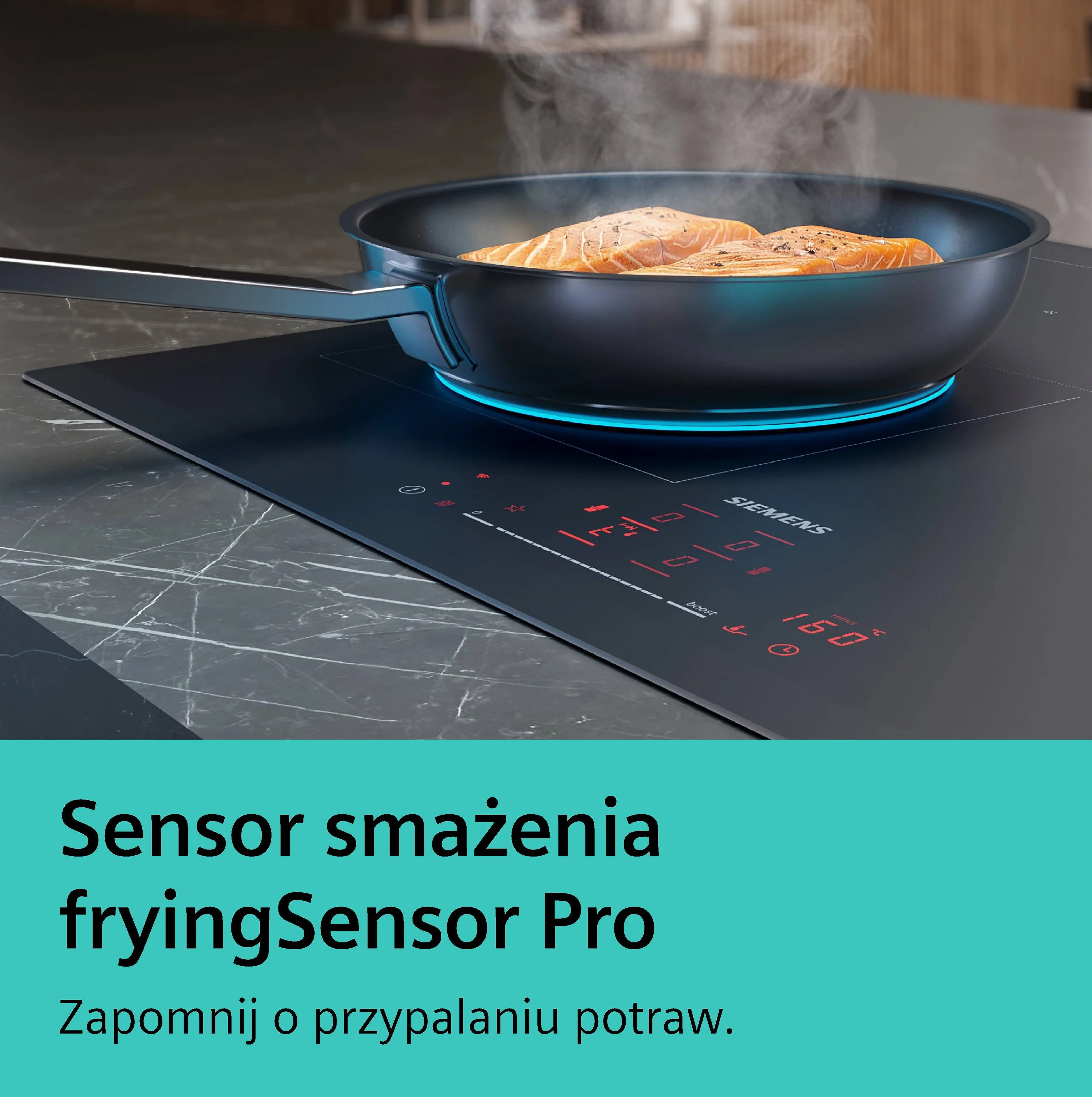 Filety łososia smażone na patelni na płycie indukcyjnej z niebieskim podświetleniem.