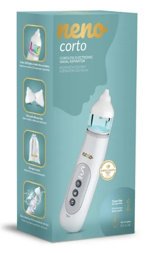 Opakowanie aspiratora do nosa Neno Corto ze zdjęciem produktu i cechami.