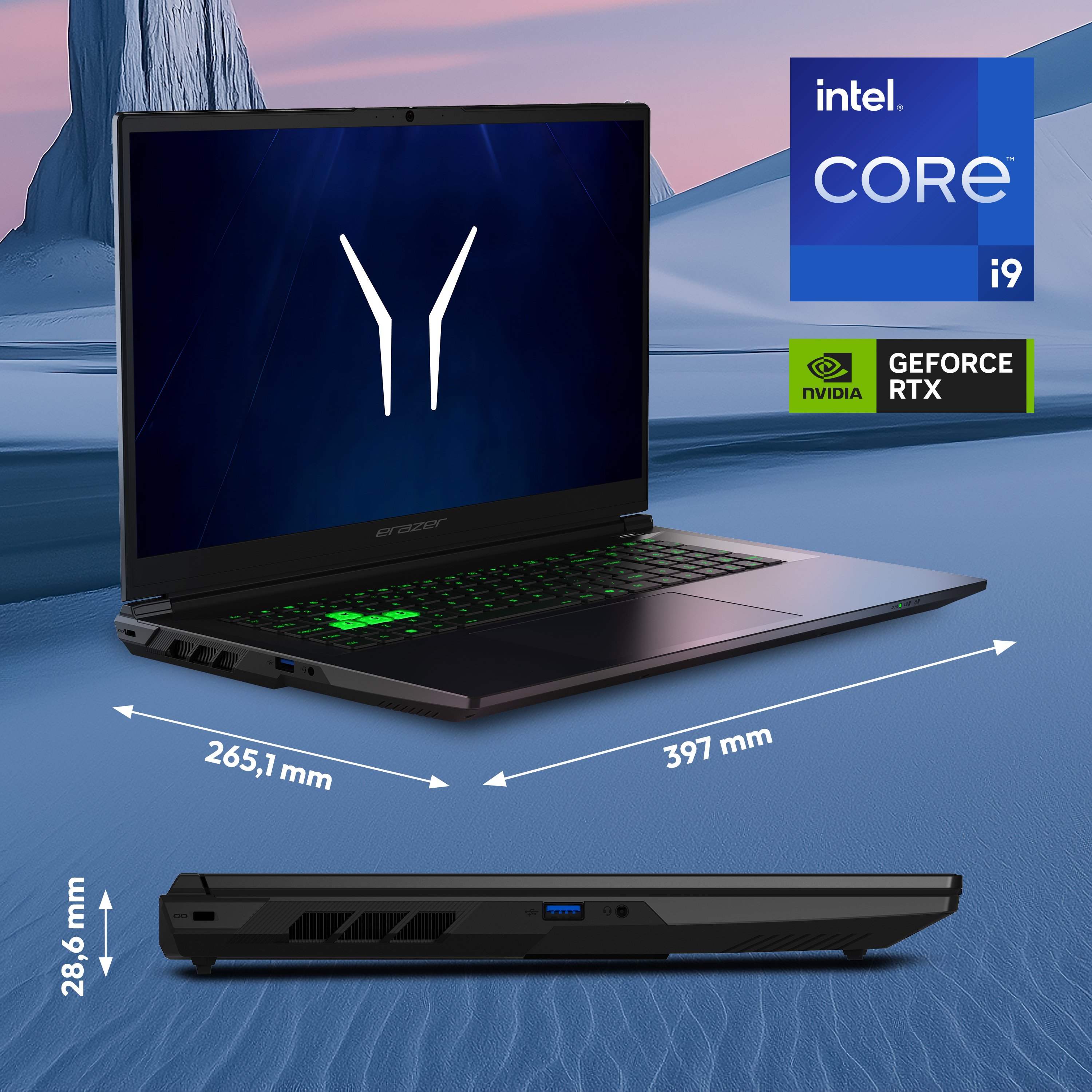 Ein schwarzer Laptop mit beleuchteter grüner Tastatur und Intel Core i9 / Nvidia RTX.