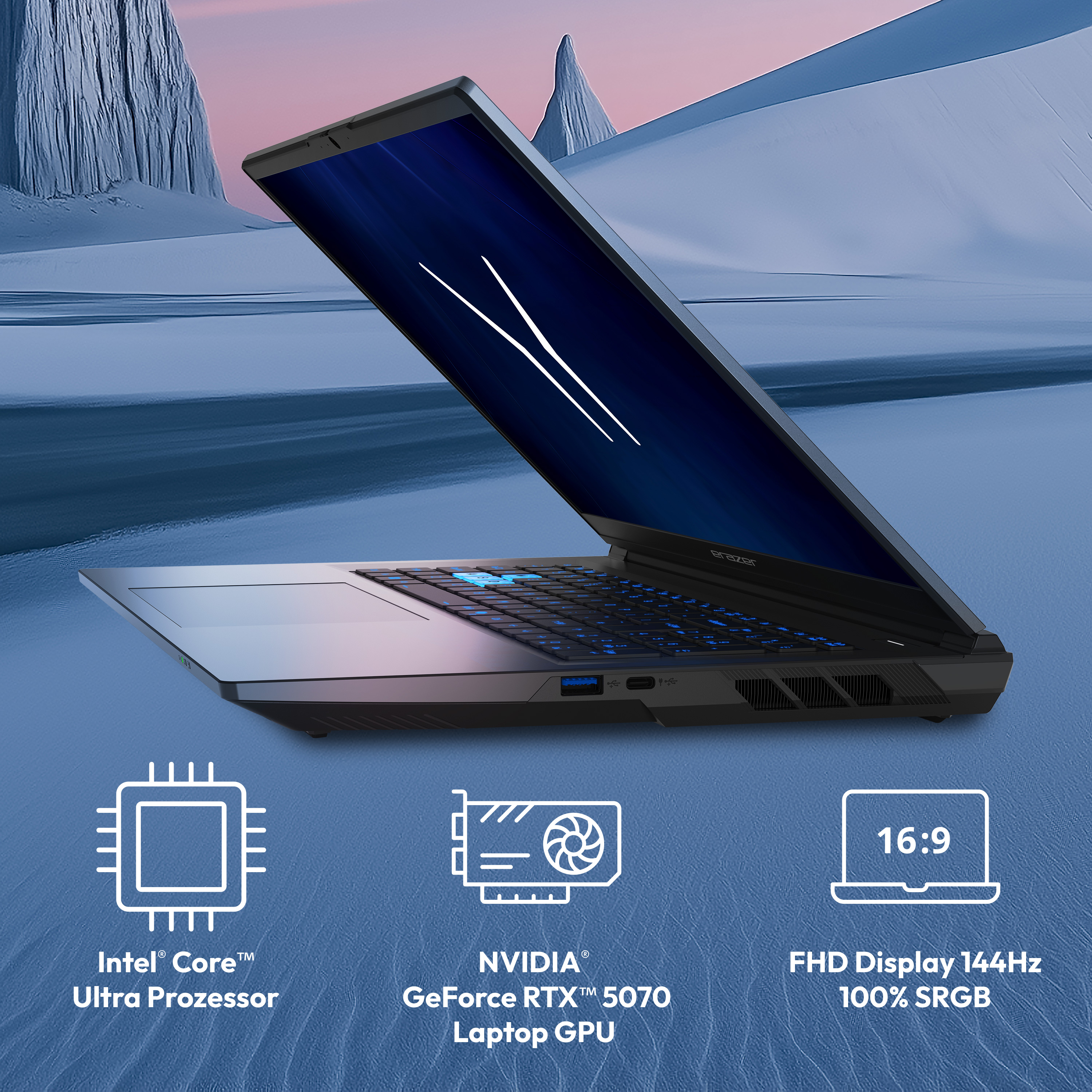 Ein Laptop mit Intel Core Ultra Prozessor, RTX 5070 GPU auf eisiger Landschaft.