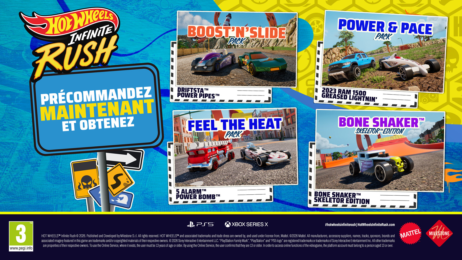Hot Wheels Infinite Rush-Werbung mit Spielpackungen und Vorbestellungsaufforderung.