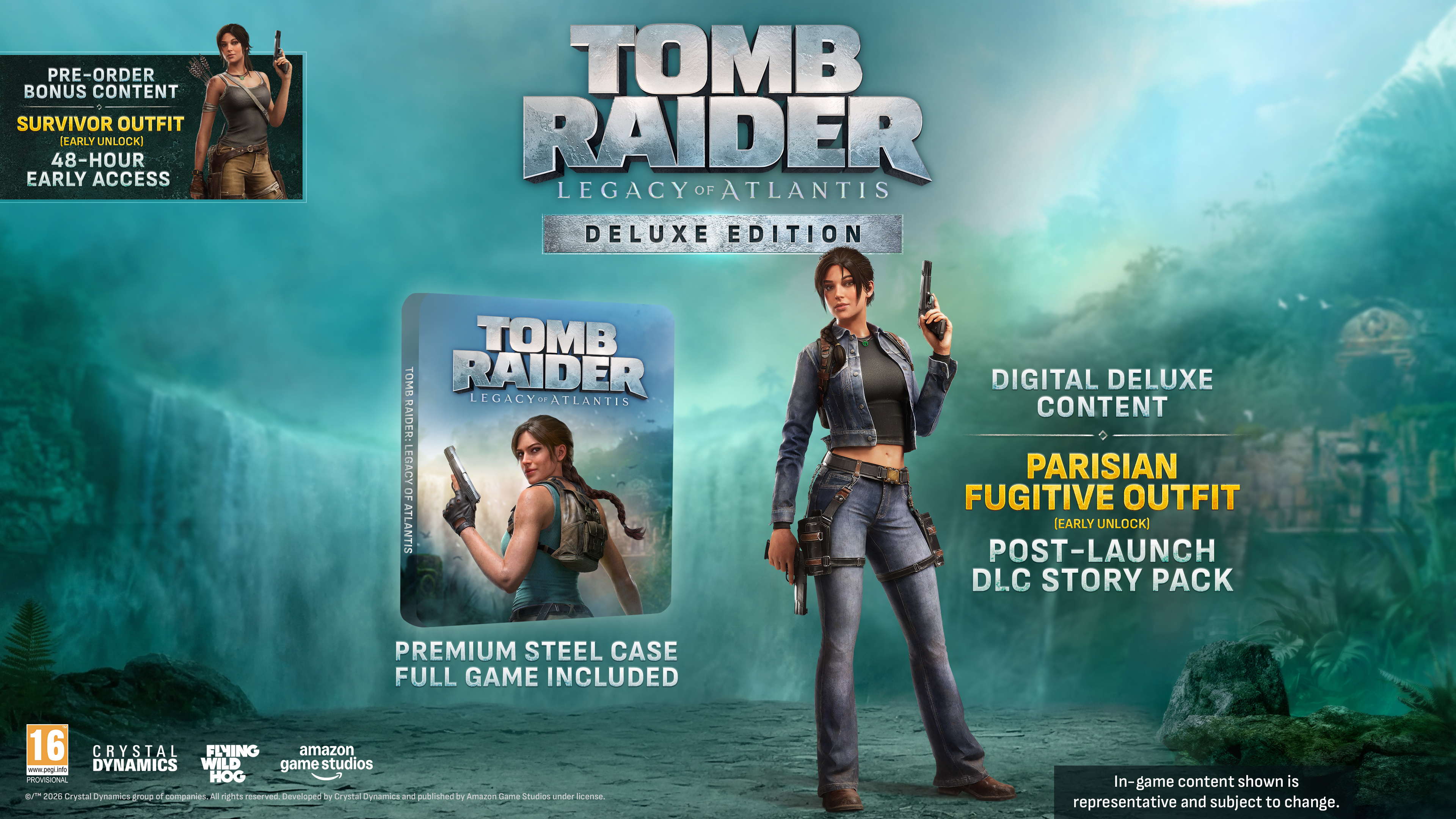 Lara Croft in tenuta parigina con pistole, cascate sullo sfondo. Tomb Raider: Legacy of Atlantis Ed. Deluxe.