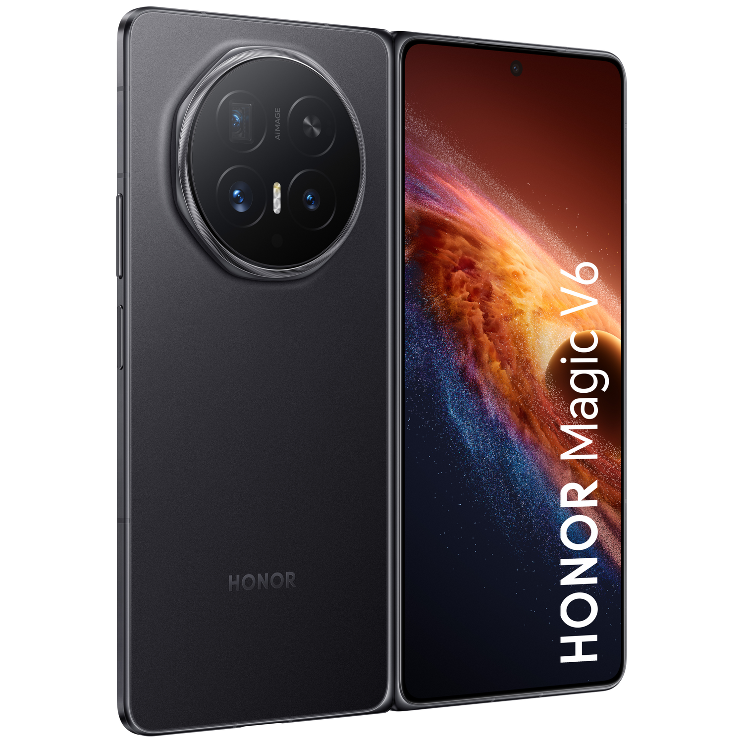 A dark grey Honor Magic V6 foldable phone is shown, open, with camera on the back and colorful wallpaper on screen.