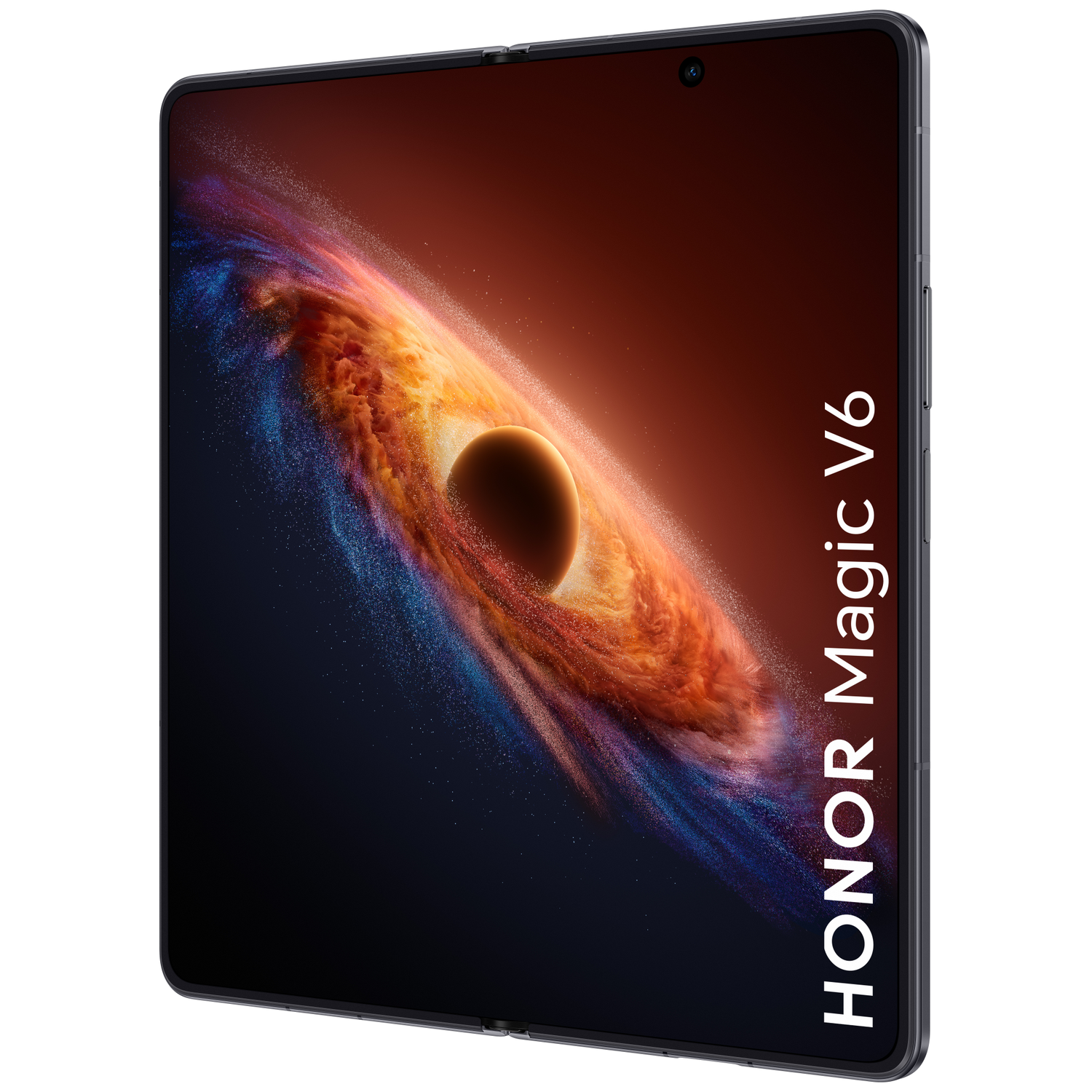 HONOR Magic V6 phone displays a colorful nebula on screen. White text reads HONOR Magic V6.