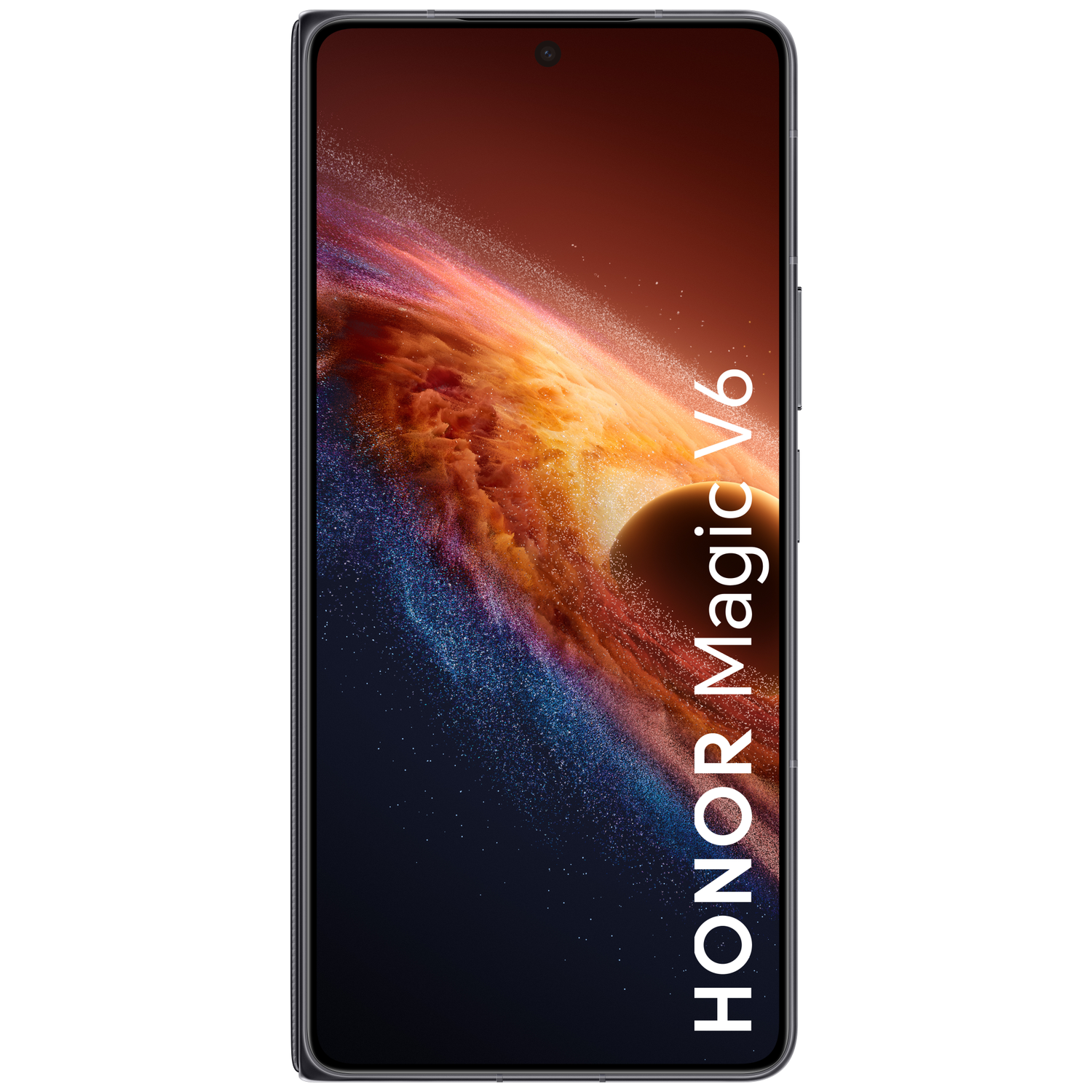 A smartphone displaying a cosmic wallpaper. The text 'HONOR Magic V6' is vertically on the screen.