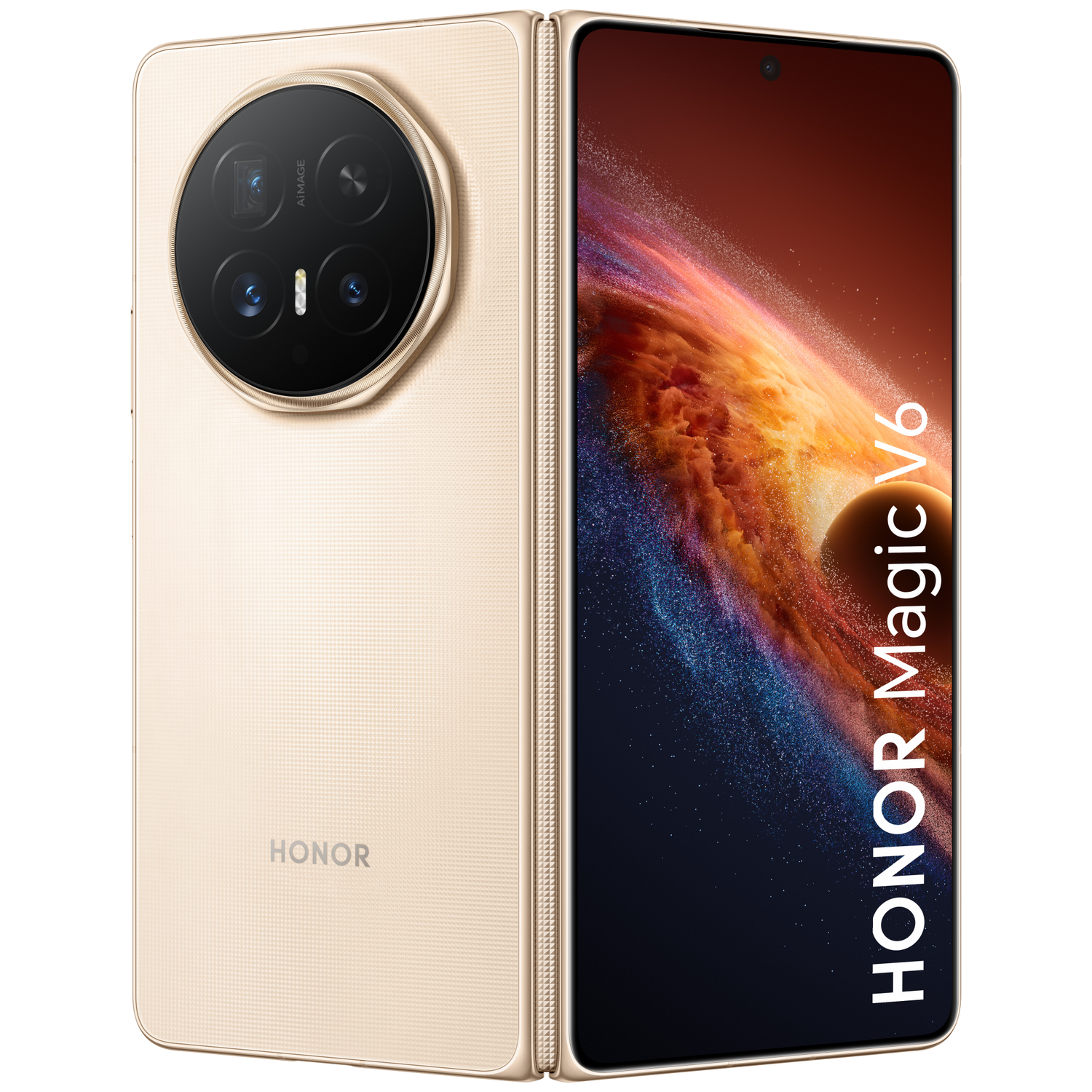 A gold Honor Magic V6 folding smartphone with three cameras.