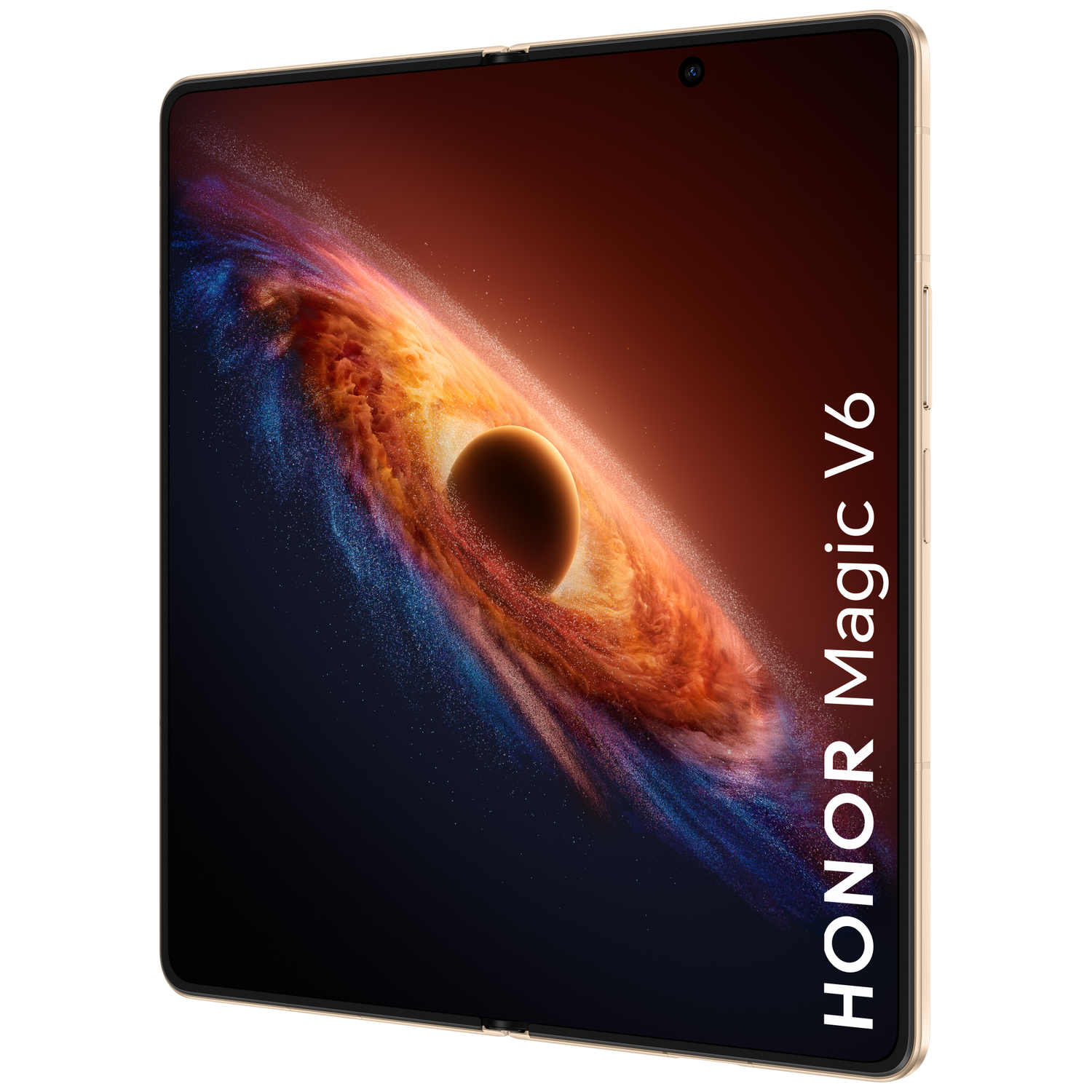A gold Honor Magic V6 smartphone displaying a cosmic wallpaper.