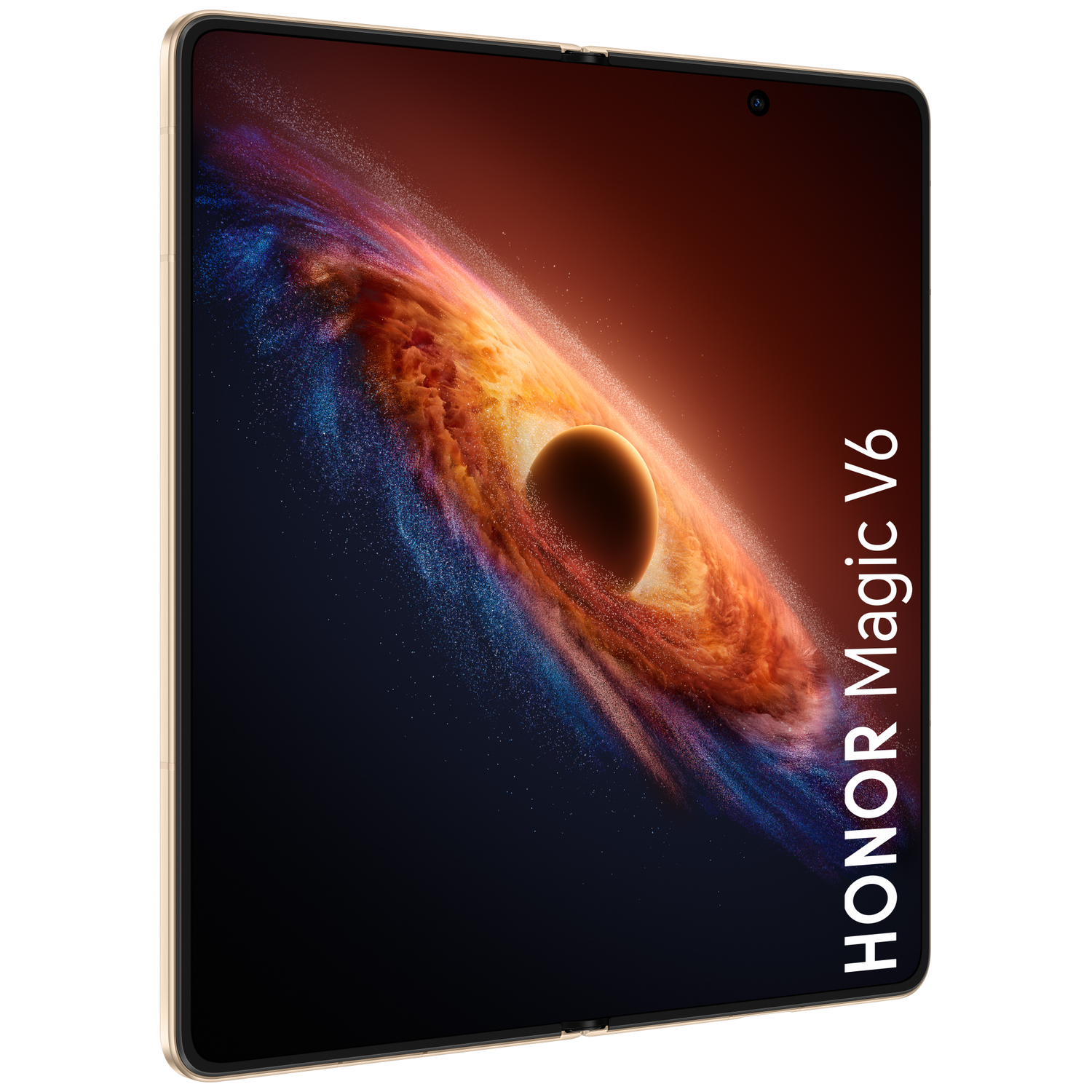 A gold Honor Magic V6 smartphone displaying a cosmic wallpaper.