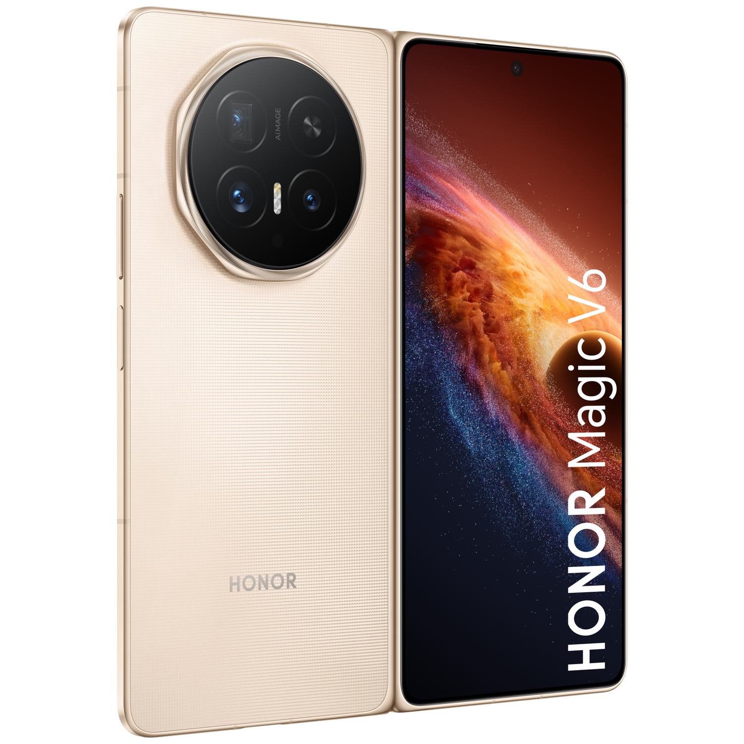 Gold Honor Magic V6 smartphone with a round camera and bright display.