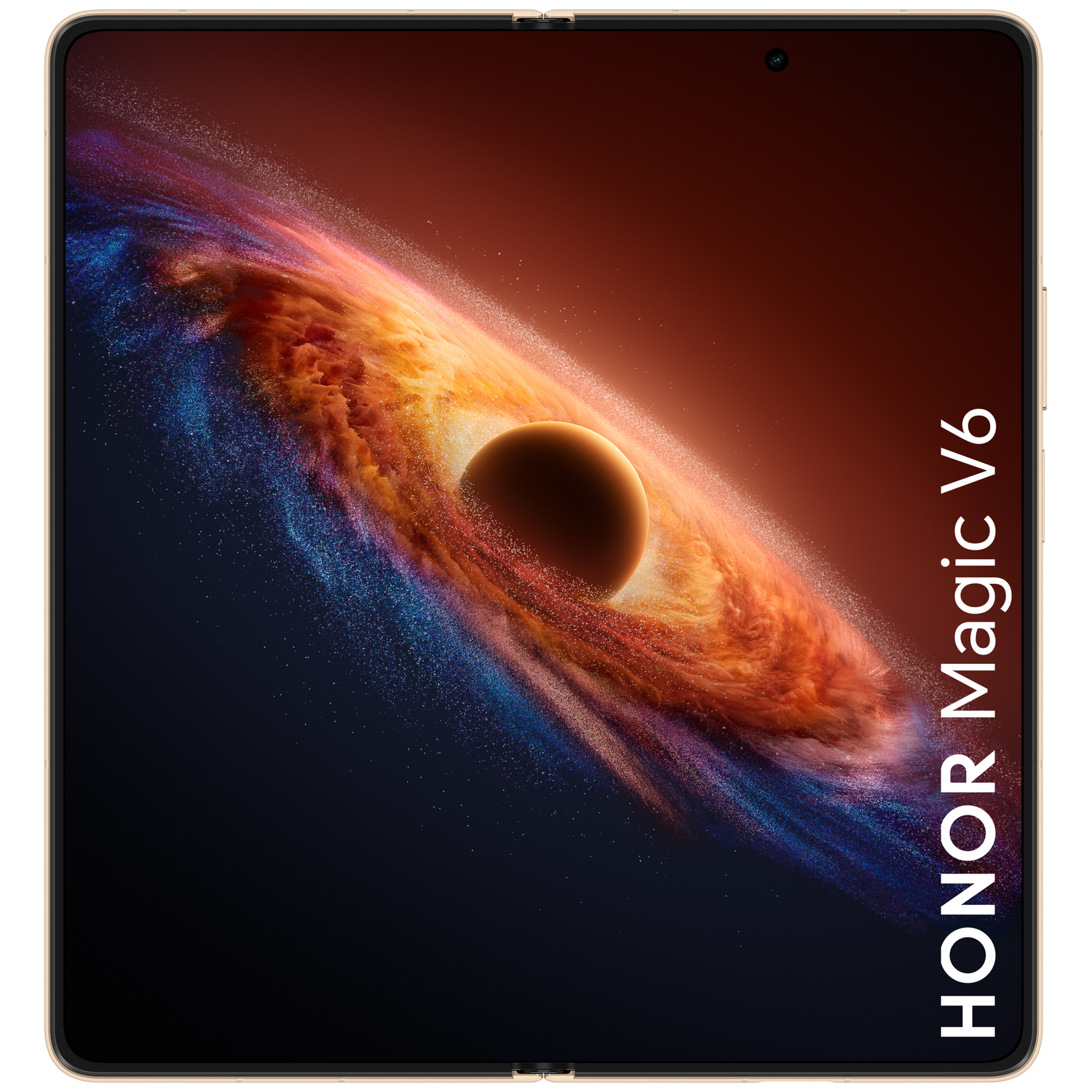 A gold foldable smartphone screen displays a space theme with orange, blue, and red swirls.